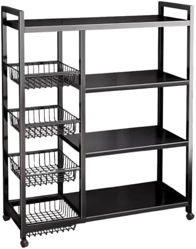 قفسه فلزی سنگین 4 طبقه، واحد قفسه بندی ذخیره سازی، سازمان دهنده ذخیره سازی با 4 سبد مشبک و چرخ های جهانی متحرک، قفسه ایستاده کاربردی و همه کاره برای اتاق نشیمن، اتاق خواب، آشپزخانه و گاراژ