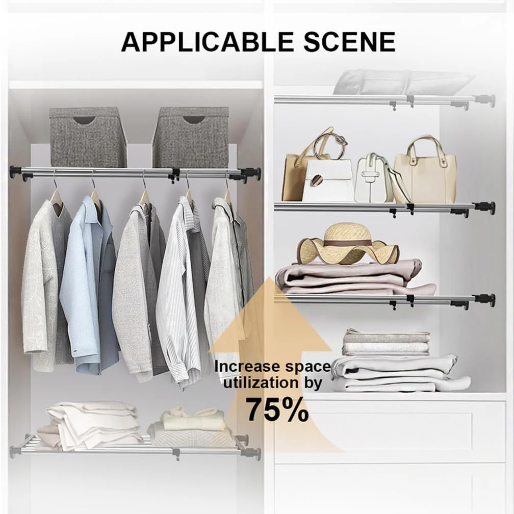 قفسه تنظیمی کمد Hershii، میله فلزی قابل گسترش برای نگهداری لباس، سازمان دهنده کابینت، آویز، جداکننده DIY، قفسه برای کمد لباس، آشپزخانه، حمام، مشکی