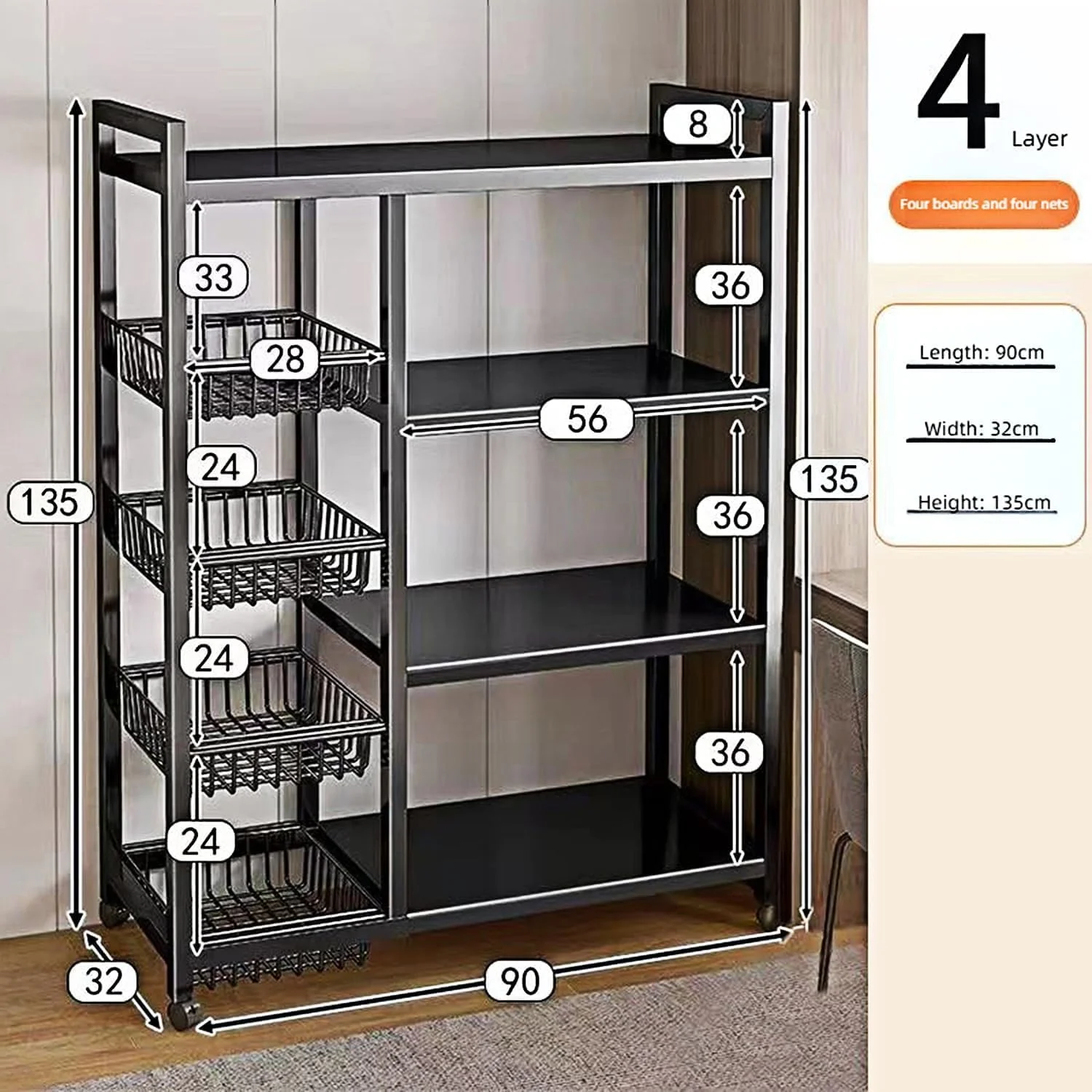 قفسه فلزی سنگین 4 طبقه، واحد قفسه بندی ذخیره سازی، سازمان دهنده ذخیره سازی با 4 سبد مشبک و چرخ های جهانی متحرک، قفسه ایستاده کاربردی و همه کاره برای اتاق نشیمن، اتاق خواب، آشپزخانه و گاراژ