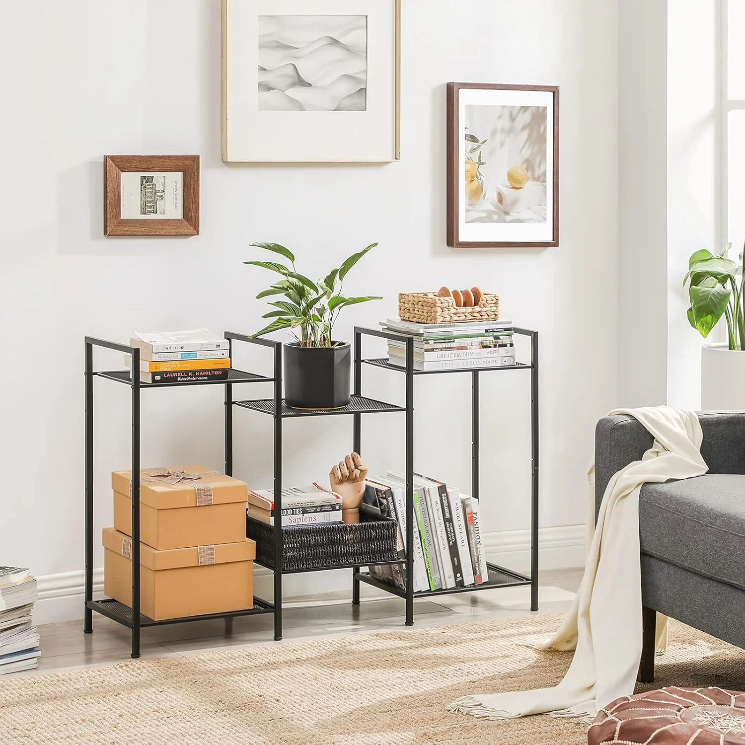 قفسه ذخیره سازی 3 طبقه SONGMICS، قفسه قابل تنظیم، استند گیاه قابل گسترش، برای حمام، اتاق نشیمن، بالکن، آشپزخانه، مشکی