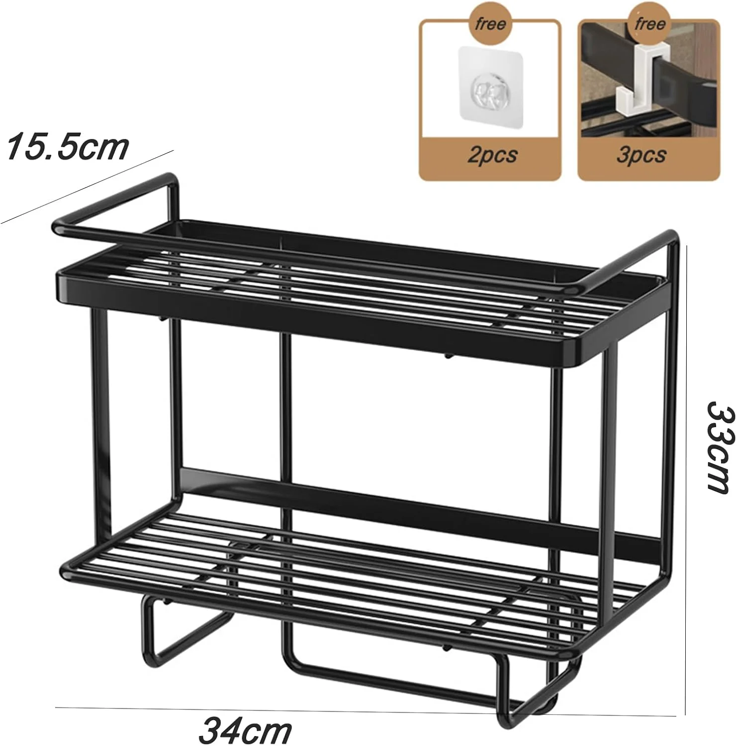 قفسه ذخیره سازی بالای توالت، سازمان دهنده حمام بالای توالت، قفسه های حمام با 3 قلاب، ذخیره سازی سازمان دهنده حمام پشت مخزن توالت، نصب بدون سوراخ (مشکی-2 طبقه)