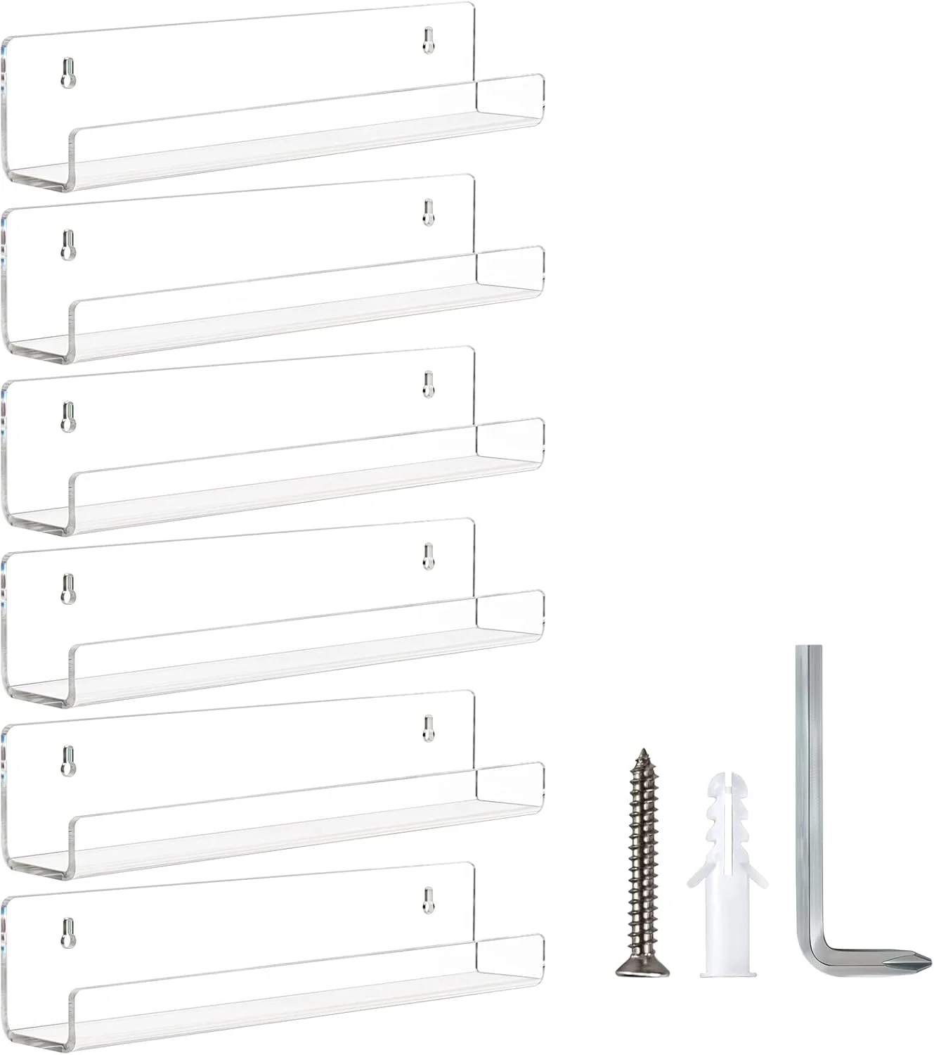 شلف دیواری شناور اکرلیک شفاف LileZbox، قفسه کتاب نامرئی اکرلیک نصب شده روی دیوار، سازمان دهنده قفسه ادویه جات، قفسه های ذخیره سازی برای اتاق کودک، حمام، آشپزخانه، اتاق خواب (6 عدد، 15 x 4.3 اینچ)