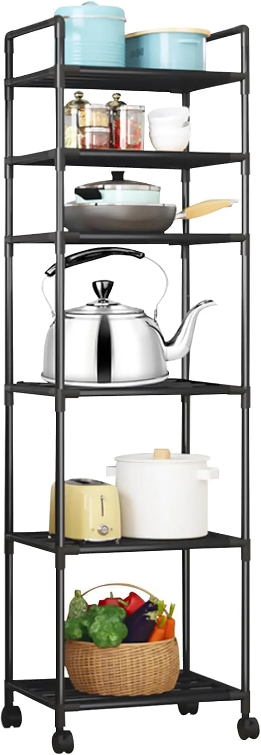 قفسه فلزی شش طبقه Beauenty، صرفه جویی در فضا چند منظوره برای آشپزخانه/اتاق خواب/اتاق نشیمن، واحد قفسه بندی سنگین با چرخ های قفل شونده برای سازماندهی خانه و دفتر (مشکی 6 لایه)