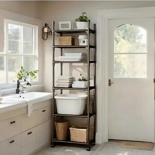 قفسه فلزی 6 طبقه سازمان دهنده LINGWEI - قفسه باریک و بلند ایستاده برای حمام - واحد قفسه بندی چند منظوره برای حوله، لوازم بهداشتی، گیاهان و موارد دیگر