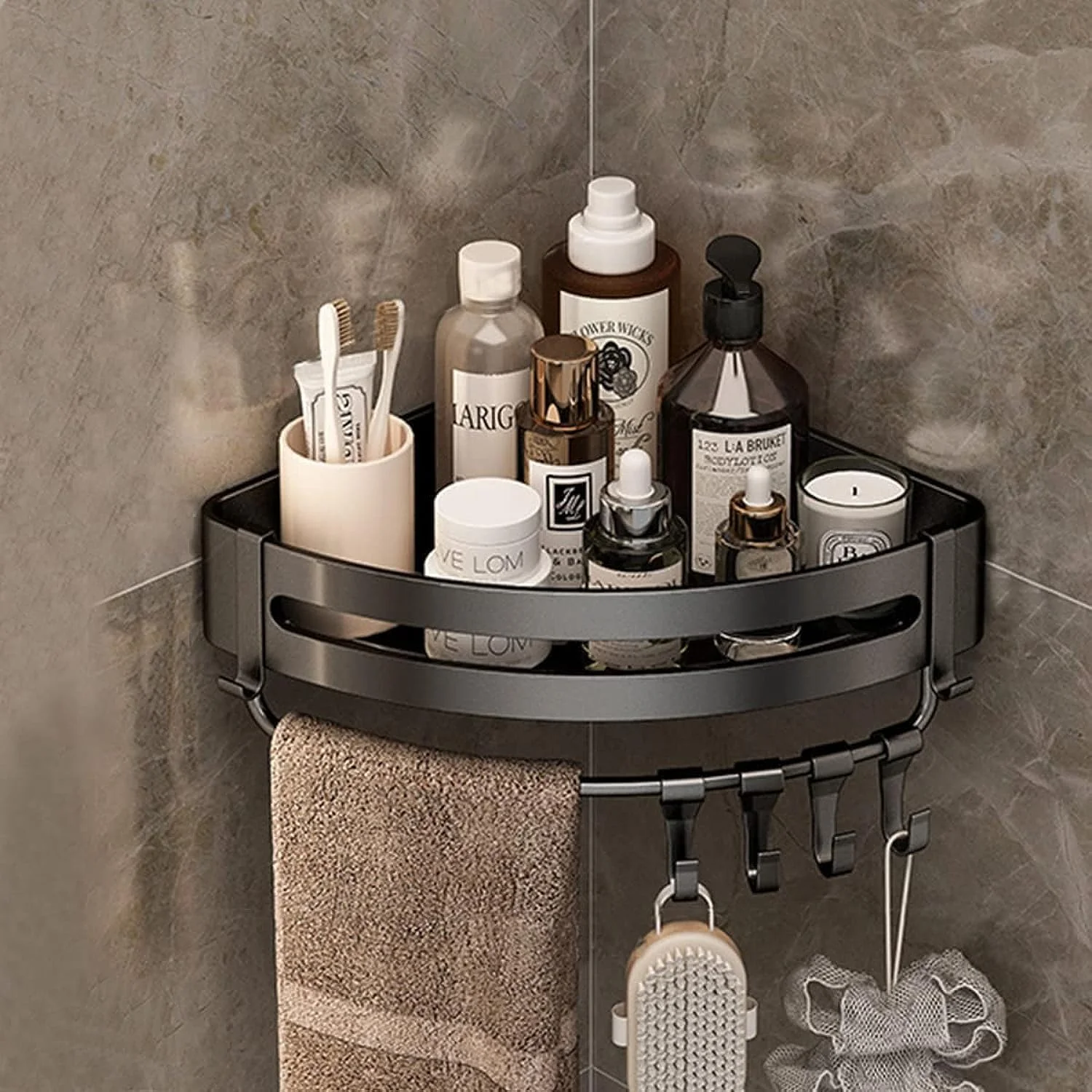 قفسه حمام آلومینیومی فضایی IBAMA، قفسه های دوش بدون نیاز به سوراخ کاری، قفسه گوشه ای برای نگهداری لوازم حمام (مثلثی-مشکی 01)