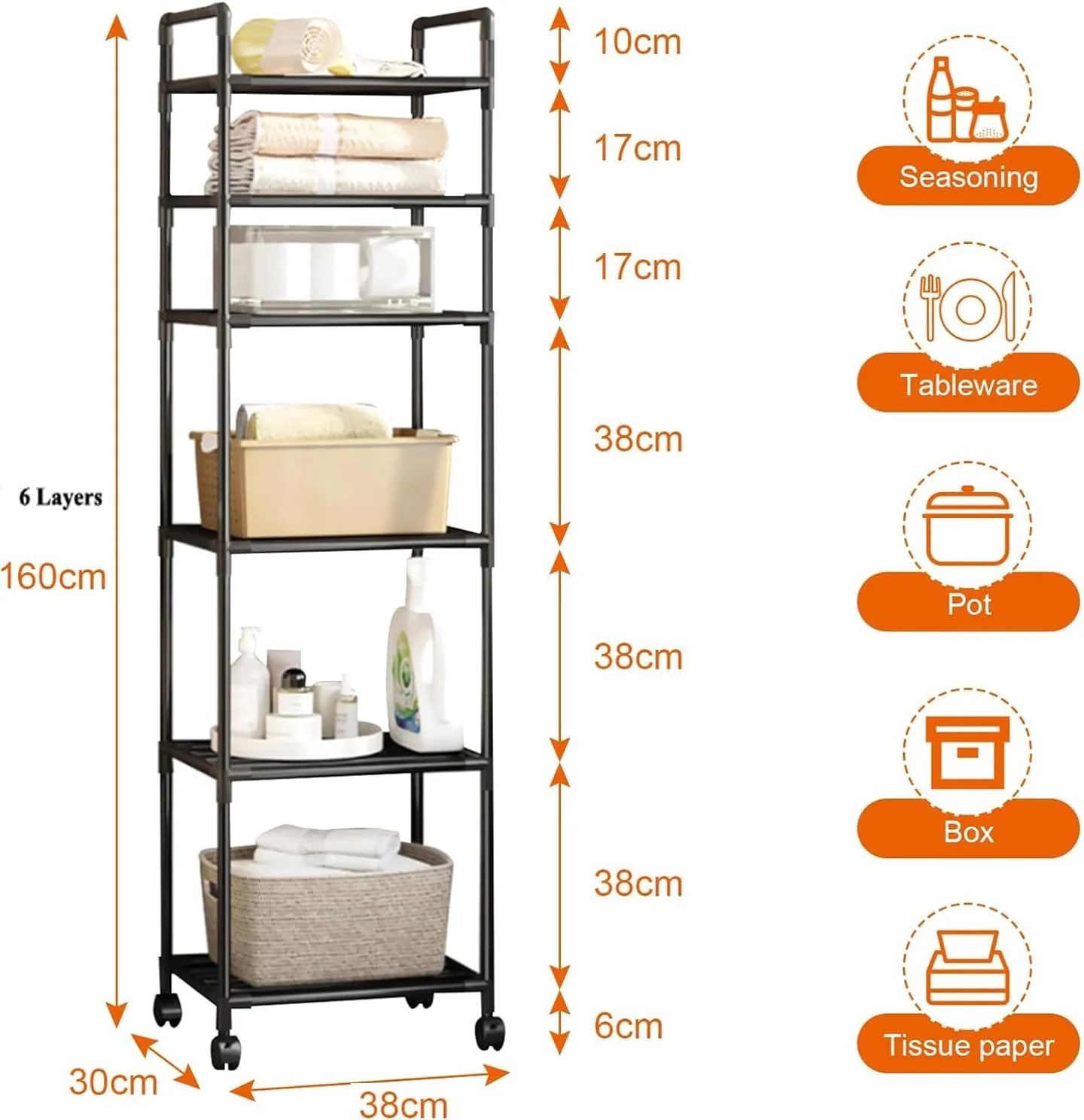 قفسه فلزی 6 طبقه سازمان دهنده LINGWEI - قفسه باریک و بلند ایستاده برای حمام - واحد قفسه بندی چند منظوره برای حوله، لوازم بهداشتی، گیاهان و موارد دیگر