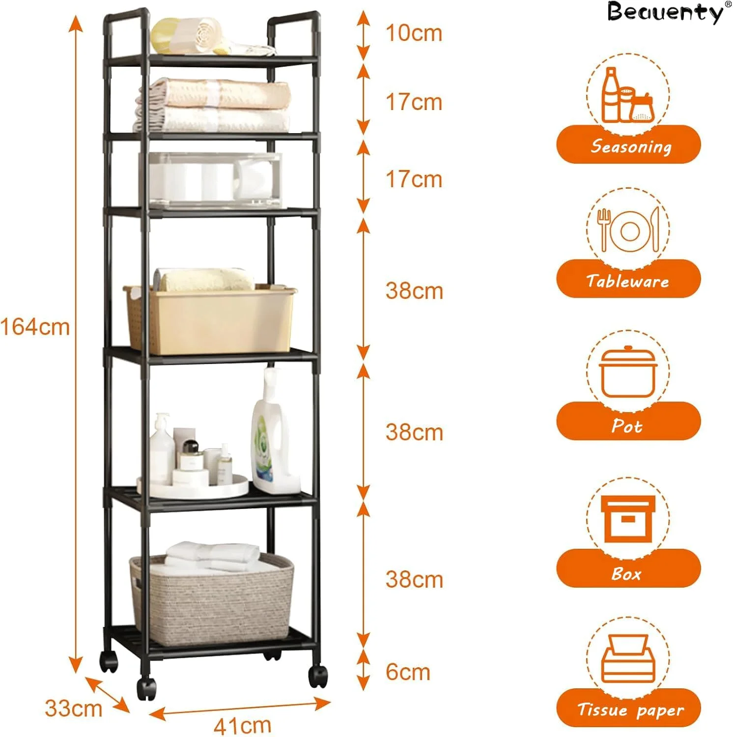 قفسه فلزی شش طبقه Beauenty، صرفه جویی در فضا چند منظوره برای آشپزخانه/اتاق خواب/اتاق نشیمن، واحد قفسه بندی سنگین با چرخ های قفل شونده برای سازماندهی خانه و دفتر (مشکی 6 لایه)