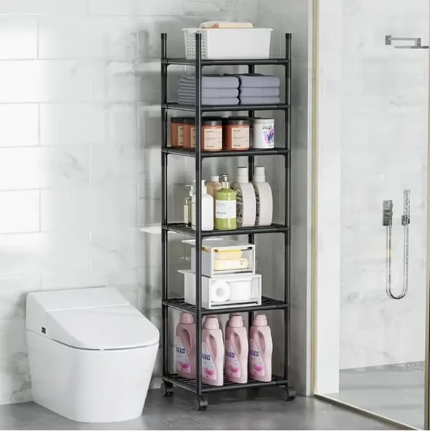 قفسه فلزی 6 طبقه سازمان دهنده LINGWEI - قفسه باریک و بلند ایستاده برای حمام - واحد قفسه بندی چند منظوره برای حوله، لوازم بهداشتی، گیاهان و موارد دیگر