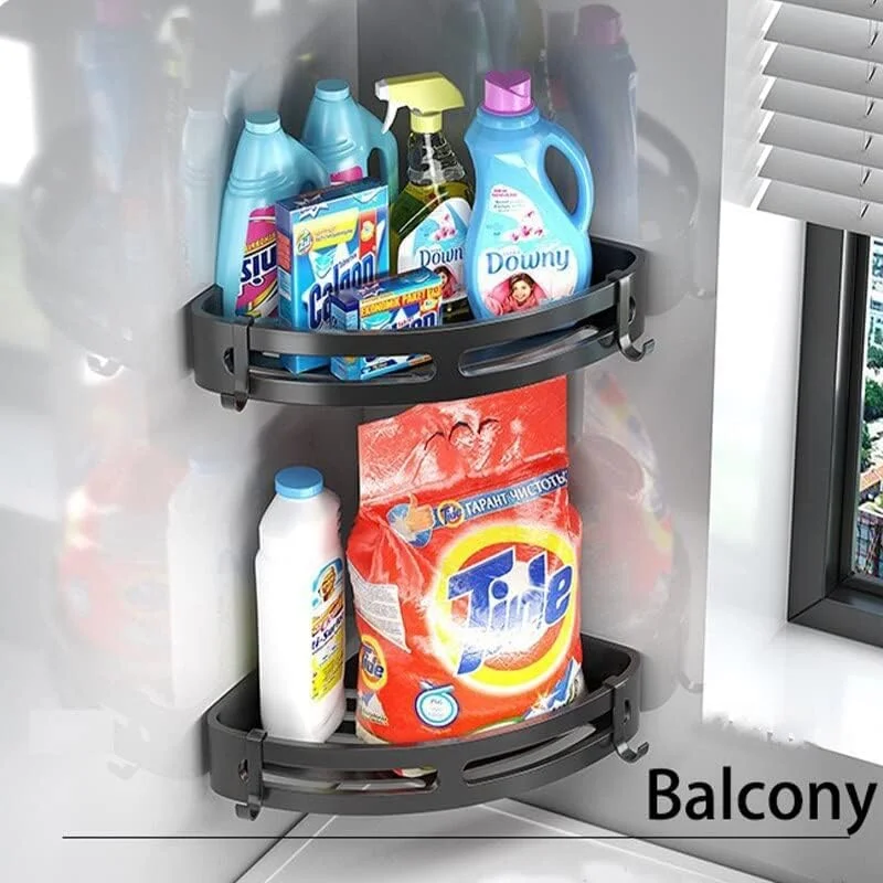 قفسه حمام آلومینیومی فضایی IBAMA، قفسه های دوش بدون نیاز به سوراخ کاری، قفسه گوشه ای برای نگهداری لوازم حمام (مثلثی-مشکی 01)