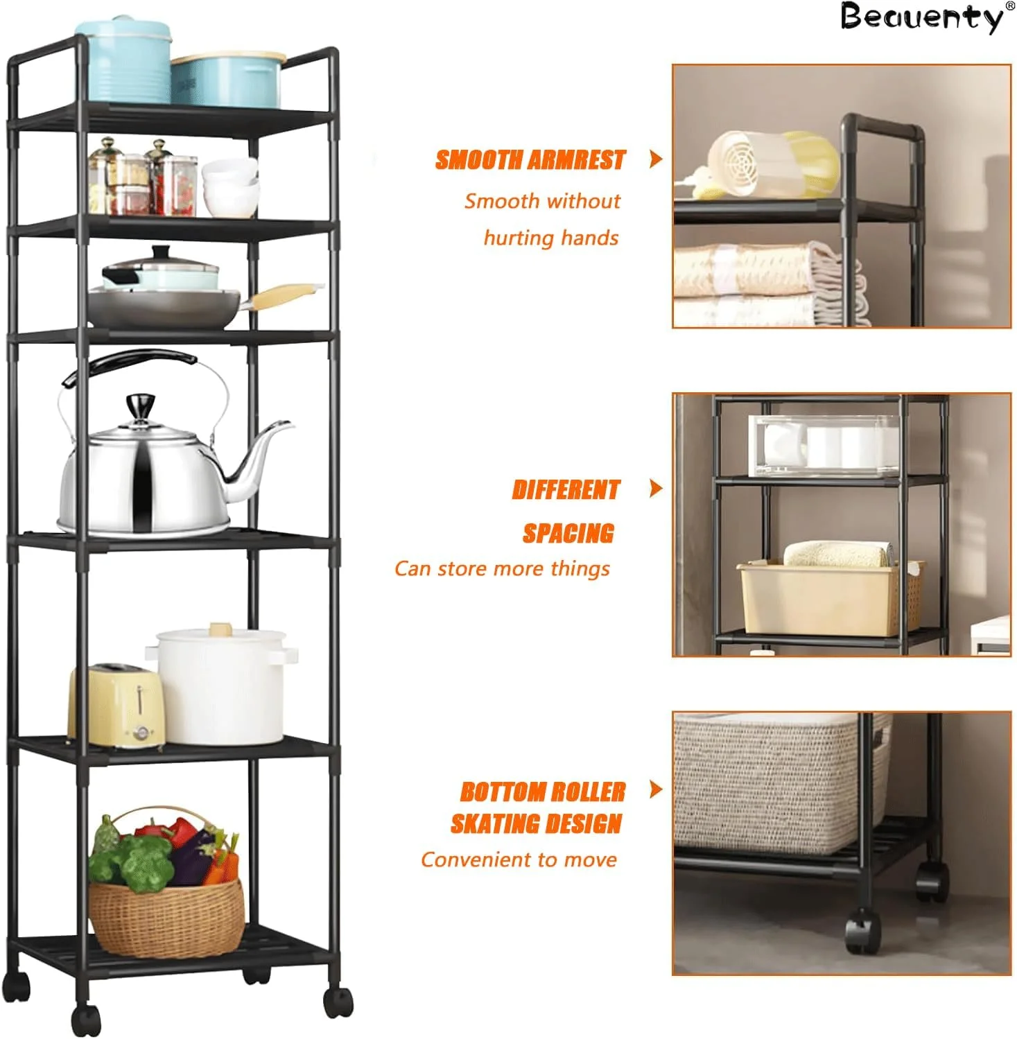 قفسه فلزی شش طبقه Beauenty، صرفه جویی در فضا چند منظوره برای آشپزخانه/اتاق خواب/اتاق نشیمن، واحد قفسه بندی سنگین با چرخ های قفل شونده برای سازماندهی خانه و دفتر (مشکی 6 لایه)
