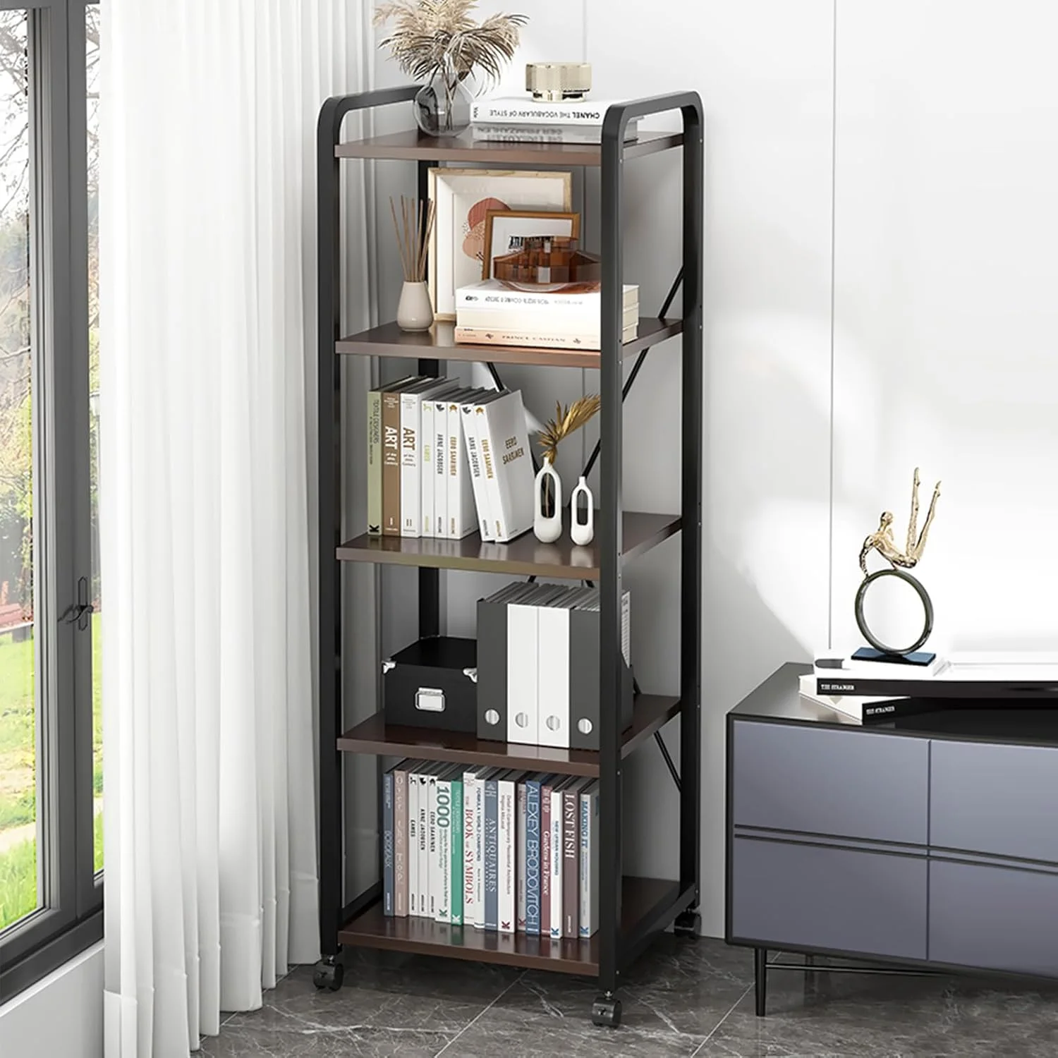 قفسه کتاب 5 طبقه Beauenty، کتابخانه بلند، سازمان دهنده قفسه اداری، قفسه کتاب مدرن برای اتاق نشیمن، اتاق خواب، دفتر کار خانگی، آشپزخانه، قهوه ای