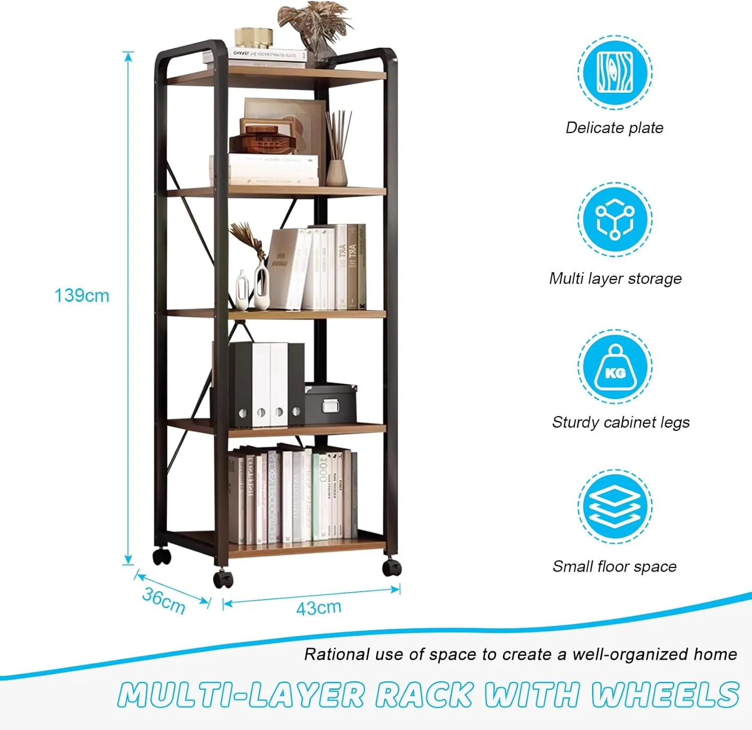 قفسه کتاب 5 طبقه Beauenty، کتابخانه بلند، سازمان دهنده قفسه اداری، قفسه کتاب مدرن برای اتاق نشیمن، اتاق خواب، دفتر کار خانگی، آشپزخانه، قهوه ای