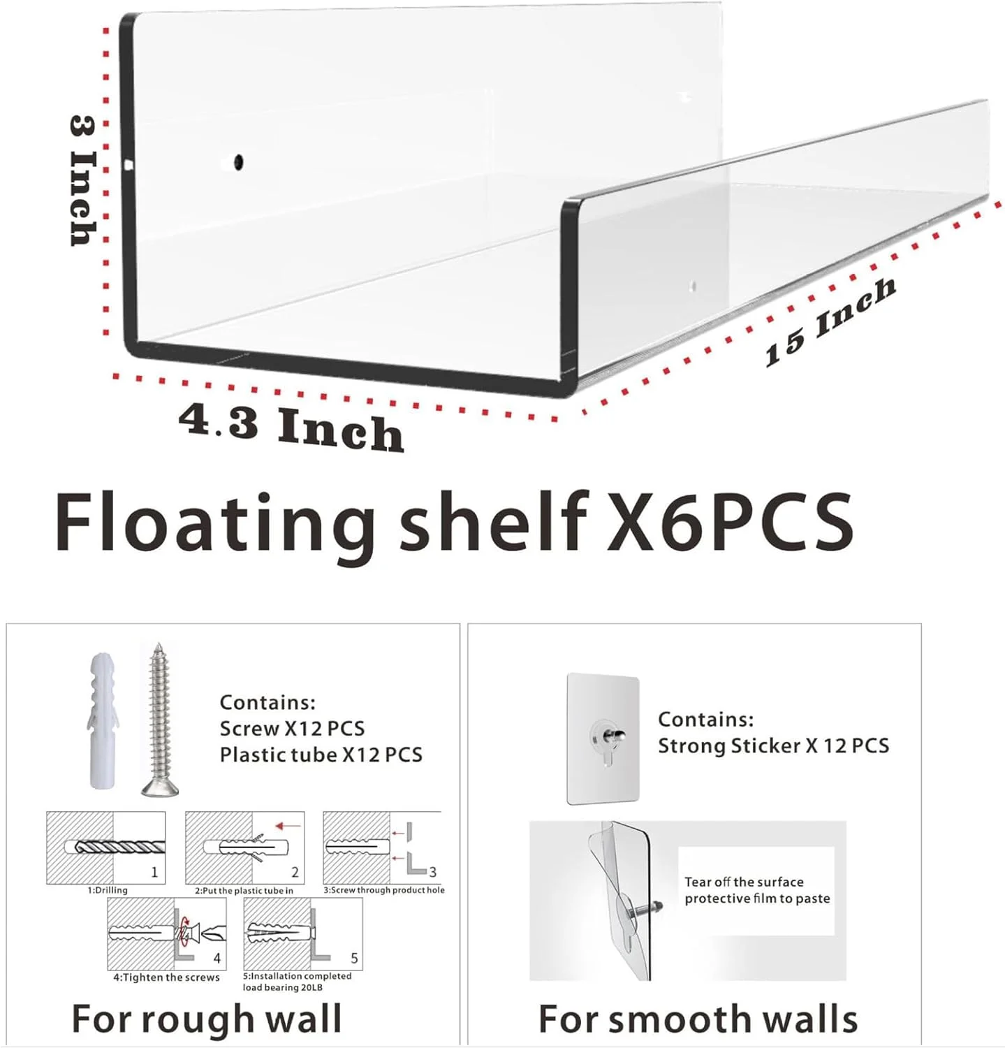 شلف های اکریلیک برای نگهداری دیواری، شلف های شناور 38 سانتی متری، قفسه کتاب شناور دیواری، قفسه های نمایشگر، سازمان دهنده برای اتاق خواب، اتاق نشیمن، حمام، دکوراسیون آشپزخانه (2 عدد، شفاف)