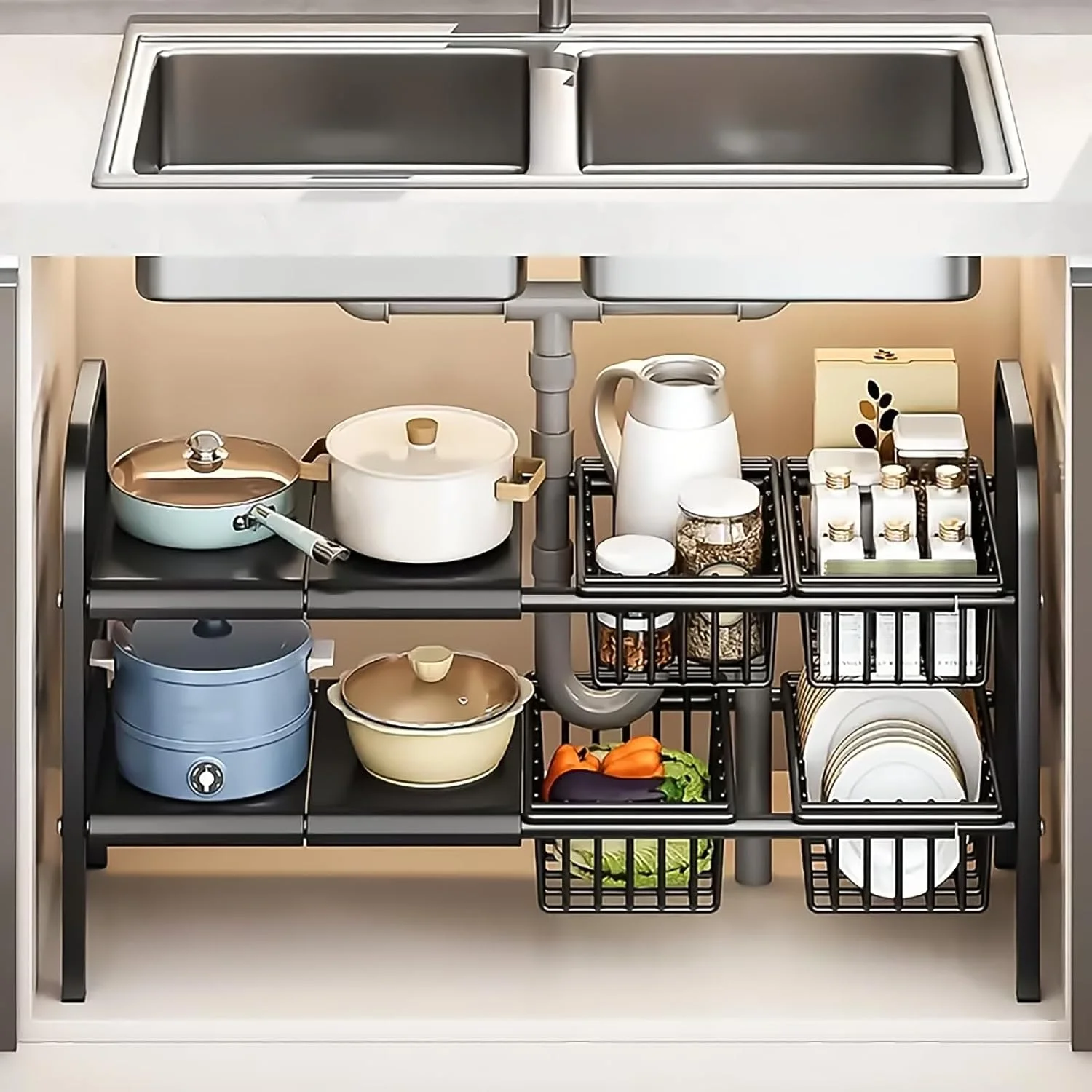 ارگانایزر زیر سینک، قفسه کابینت 2 طبقه قابل گسترش، قفسه ذخیره سازی زیر حمام با 4 پنل جداشدنی و 4 سبد، چند منظوره برای آشپزخانه، حمام، نگهداری کفش (4 پنل 4 سبد)