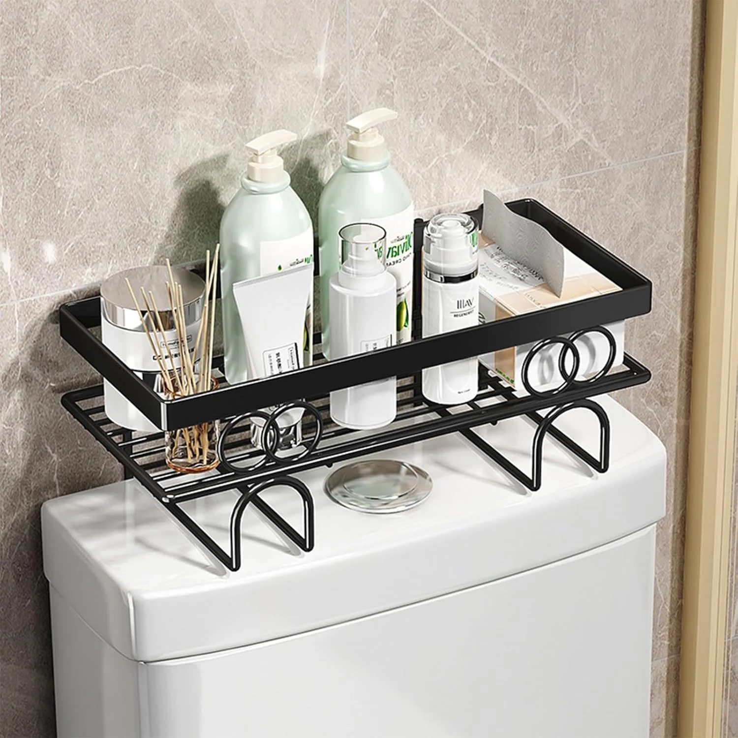 قفسه ذخیره سازی بالای توالت MedMad، قفسه های سازمان دهنده حمام بالای توالت، قفسه حمام صرفه جویی در فضا بدون نیاز به سوراخ کاری (مشکی، 1 طبقه)