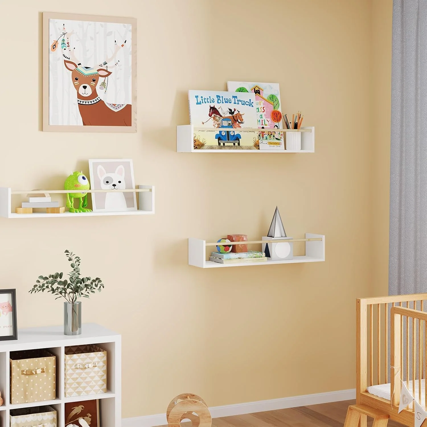 قفسه کتاب کودک، قفسه های شناور 42 سانتی متری دیواری، ست 3 عددی، قفسه کتاب برای اتاق خواب، دکوراسیون اتاق کودک (سفید و چوب طبیعی)