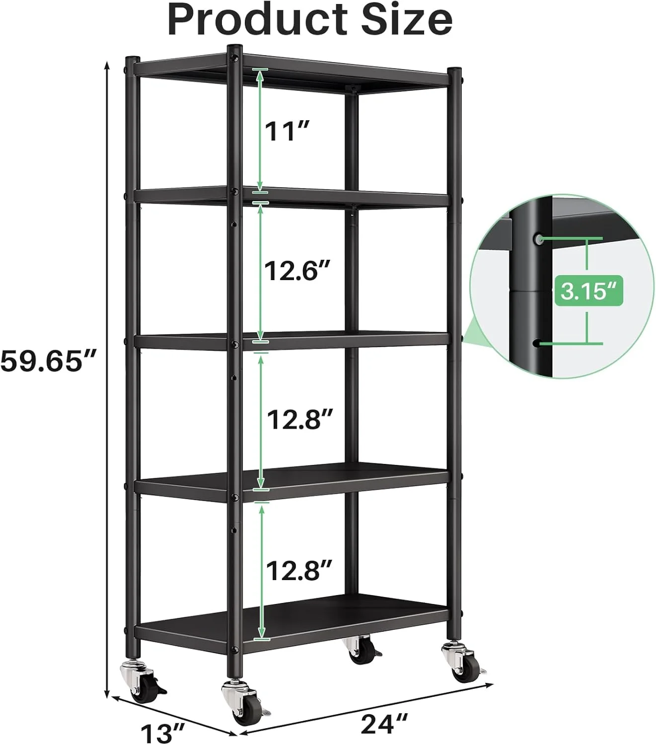 قفسه های ذخیره سازی قابل تنظیم 5 طبقه، قفسه فلزی سنگین با چرخ، واحدهای قفسه بندی قفسه کاربردی برای آشپزخانه، انبار، حمام، گاراژ، سازماندهی و ذخیره سازی اداری، مشکی، 13"x24"x59.7"