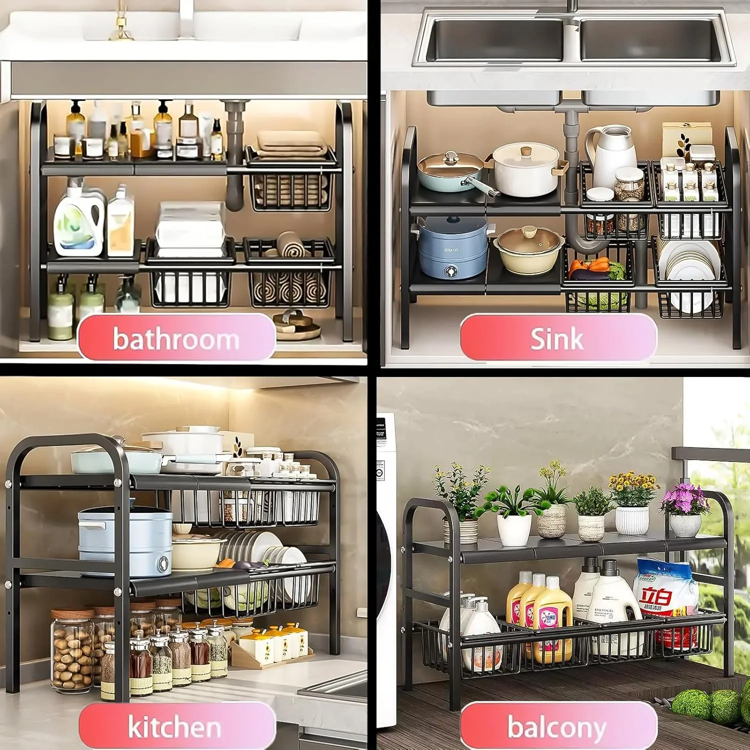 ارگانایزر زیر سینک، قفسه کابینت 2 طبقه قابل گسترش، قفسه ذخیره سازی زیر حمام با 4 پنل جداشدنی و 4 سبد، چند منظوره برای آشپزخانه، حمام، نگهداری کفش (4 پنل 4 سبد)