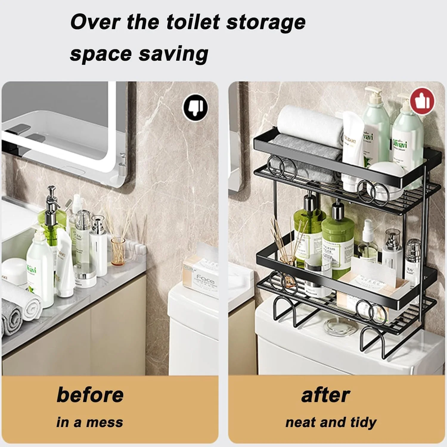 قفسه ذخیره سازی بالای توالت MedMad، قفسه های سازمان دهنده حمام بالای توالت، قفسه حمام صرفه جویی در فضا بدون نیاز به سوراخ کاری (مشکی، 1 طبقه)