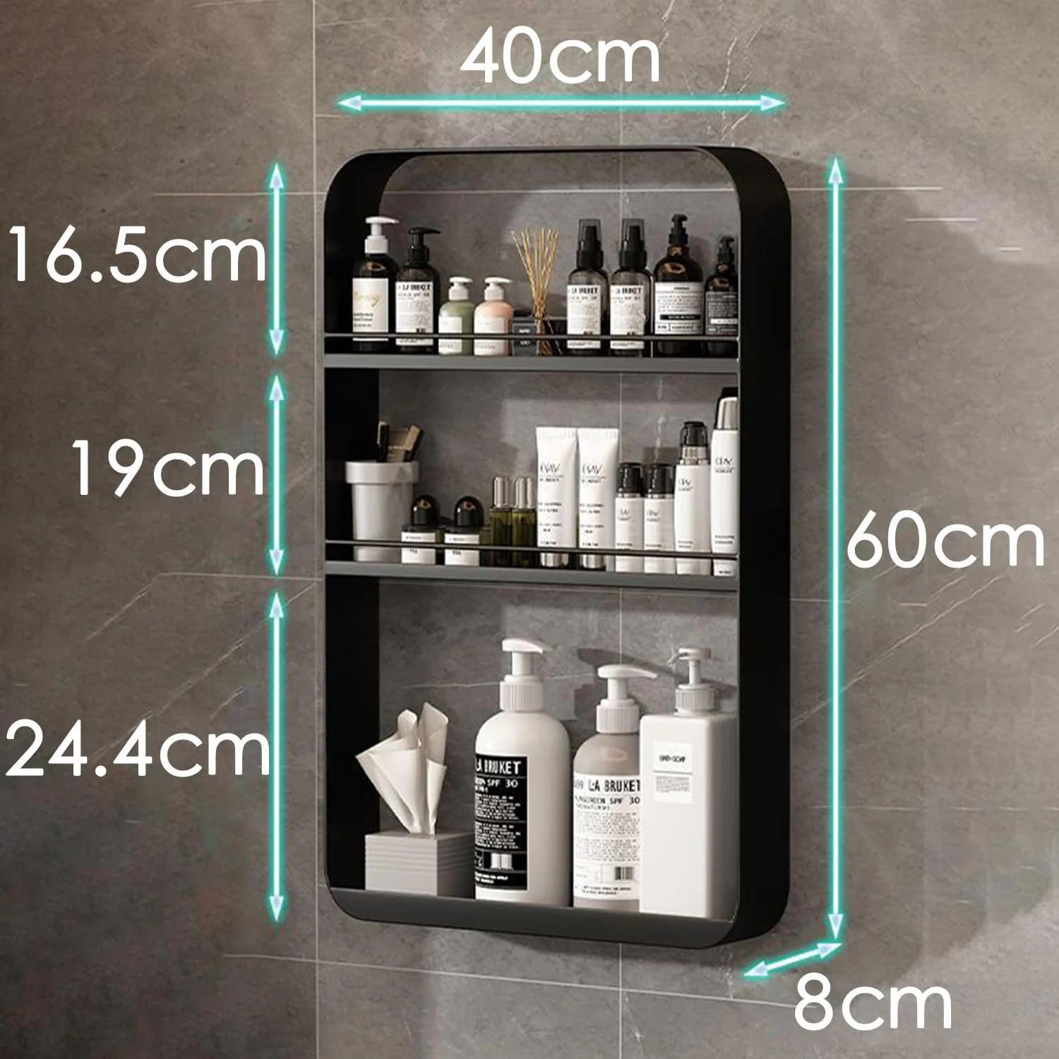 قفسه حمام دیواری استیل ضد زنگ، کابینت دیواری حمام ضد آب و ضد زنگ، نگهدارنده لوازم جانبی بدون نیاز به سوراخ کاری، سازمان دهنده دوش حمام و آشپزخانه. (مشکی - 1)