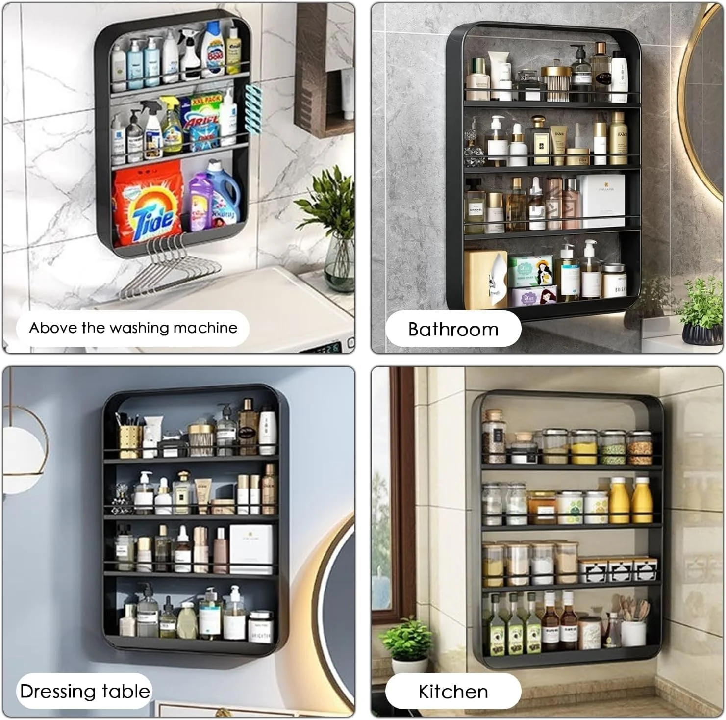 قفسه حمام دیواری استیل ضد زنگ، کابینت دیواری حمام ضد آب و ضد زنگ، نگهدارنده لوازم جانبی بدون نیاز به سوراخ کاری، سازمان دهنده دوش حمام و آشپزخانه. (مشکی - 1)