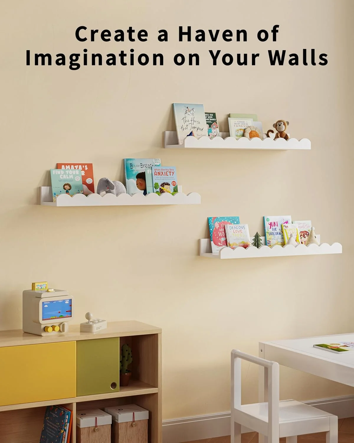 ست 2 عددی شلف کتاب کودک KASTWAVE، شلف های شناور دیواری دالبری برای اتاق کودک، دکوراسیون اتاق نوزاد، قفسه کتاب صرفه جویی در فضا برای اتاق خواب (40x11x3.5cm)