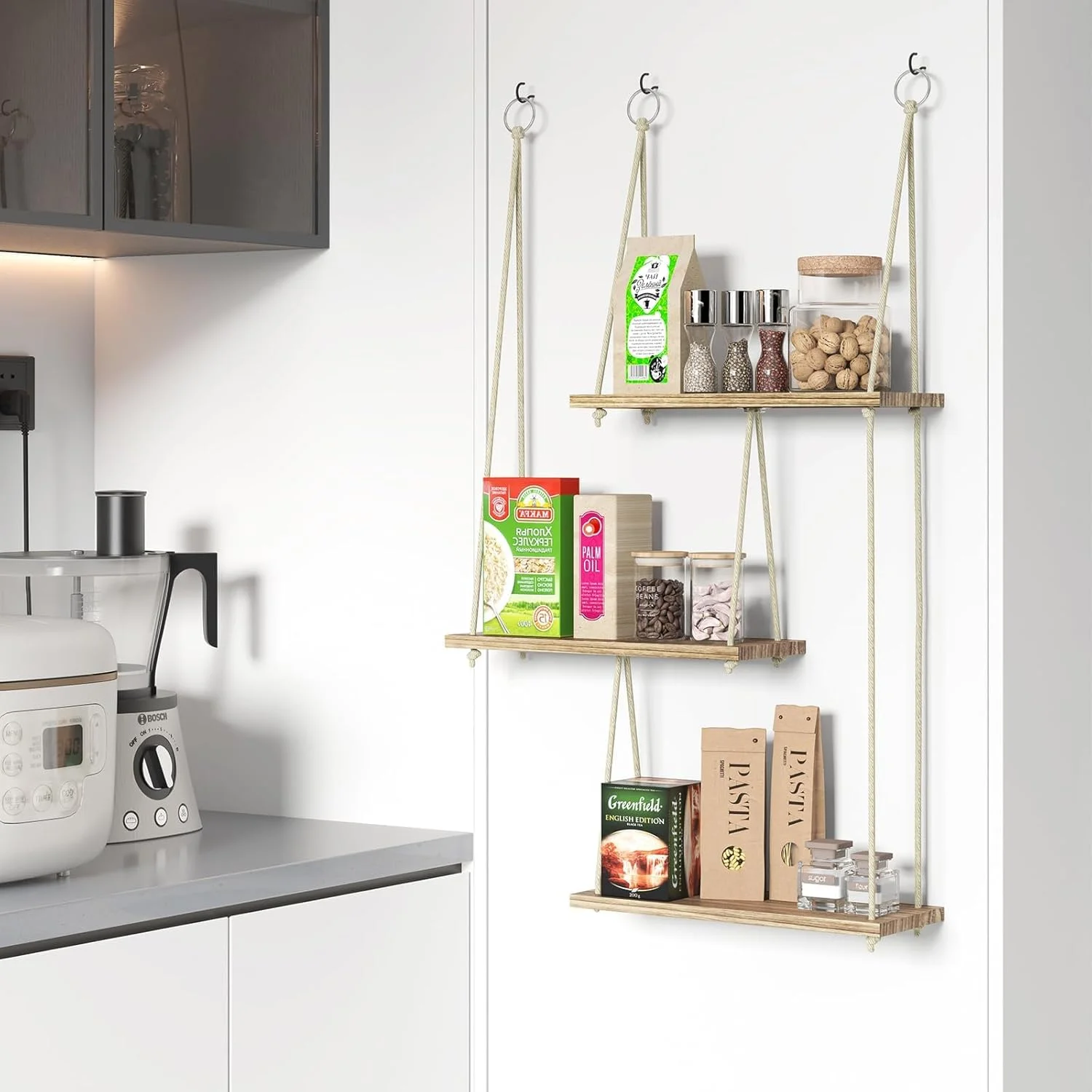 شلف دیواری آویز، قفسه گیاهان دکوری 3 طبقه به سبک بوهو، قفسه های شناور طنابی، آویز چوبی روستایی برای سازماندهی و نگهداری وسایل، مناسب برای زیبایی خانه، اتاق خواب، آشپزخانه، حمام - قهوه ای روستایی