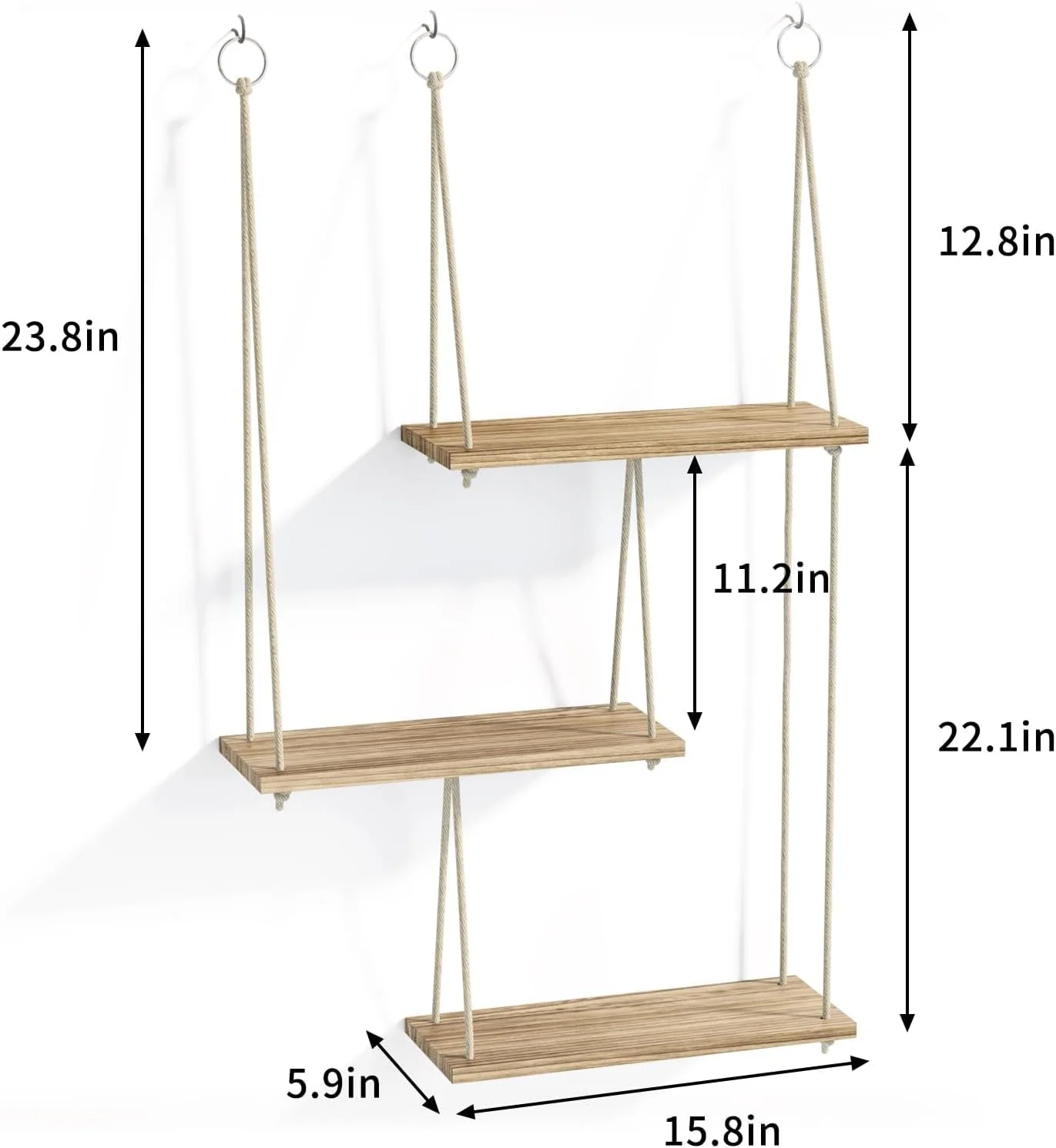 شلف دیواری آویز، قفسه گیاهان دکوری 3 طبقه به سبک بوهو، قفسه های شناور طنابی، آویز چوبی روستایی برای سازماندهی و نگهداری وسایل، مناسب برای زیبایی خانه، اتاق خواب، آشپزخانه، حمام - قهوه ای روستایی