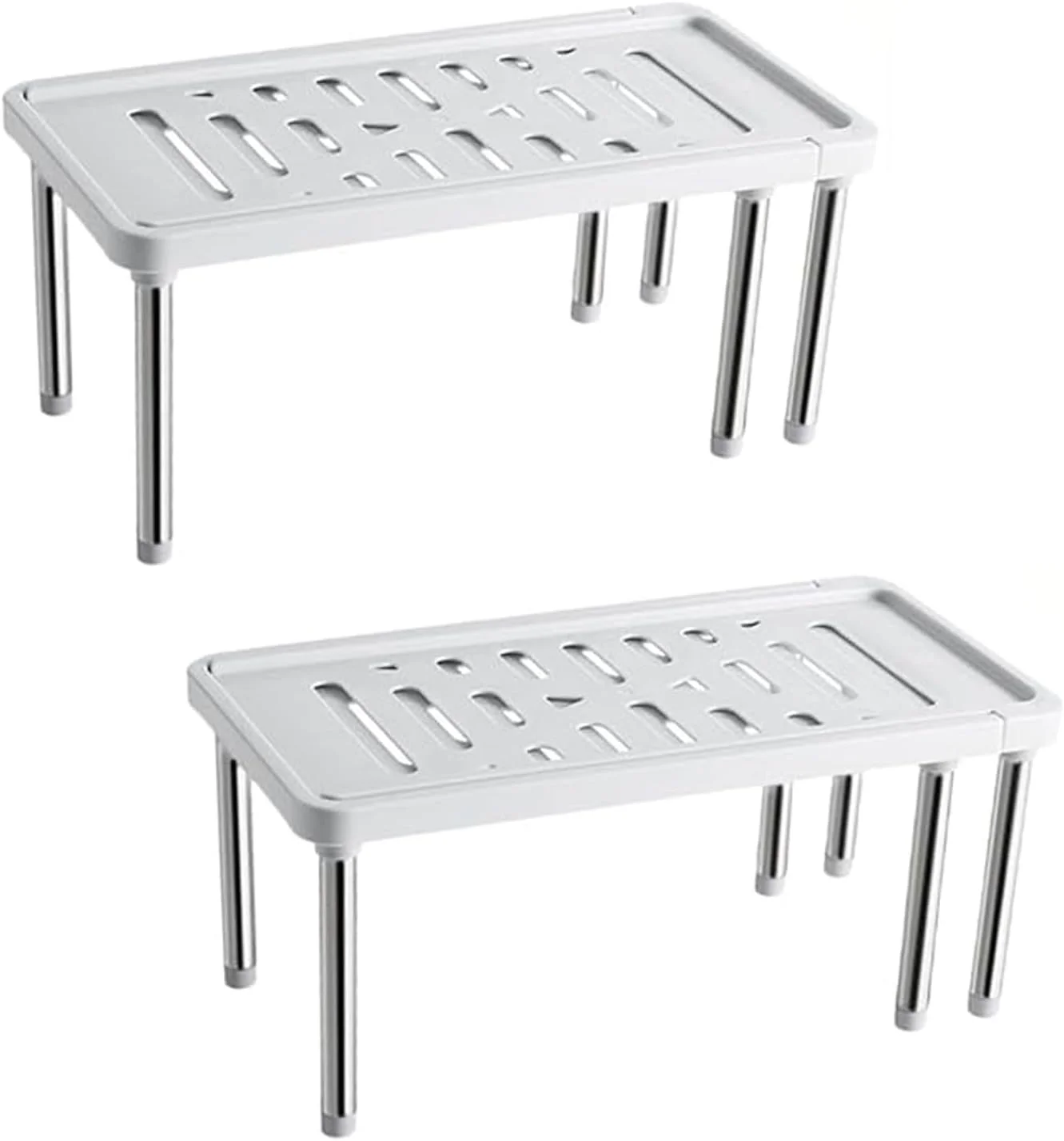 ارگانایزر قفسه کابینت و رومیزی قابل گسترش Maykela بسته 2 عددی، استند کابینت، قفسه ادویه آشپزخانه، قفسه انباری کابینت، قفسه رومیزی برای نگهداری، قفسه کابینت آشپزخانه برای حمام و آشپزخانه (سفید)