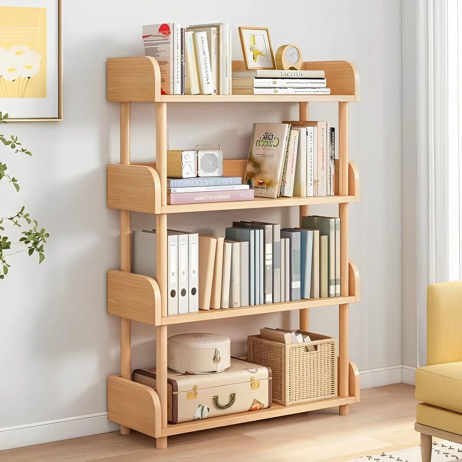 قفسه کتاب چوبی 4 طبقه TAME، قفسه کتاب مدرن باز، قفسه کتاب ایستاده مبلمان اتاق نشیمن، پایه نمایش چند منظوره برای خانه و دفتر (بلوطی)