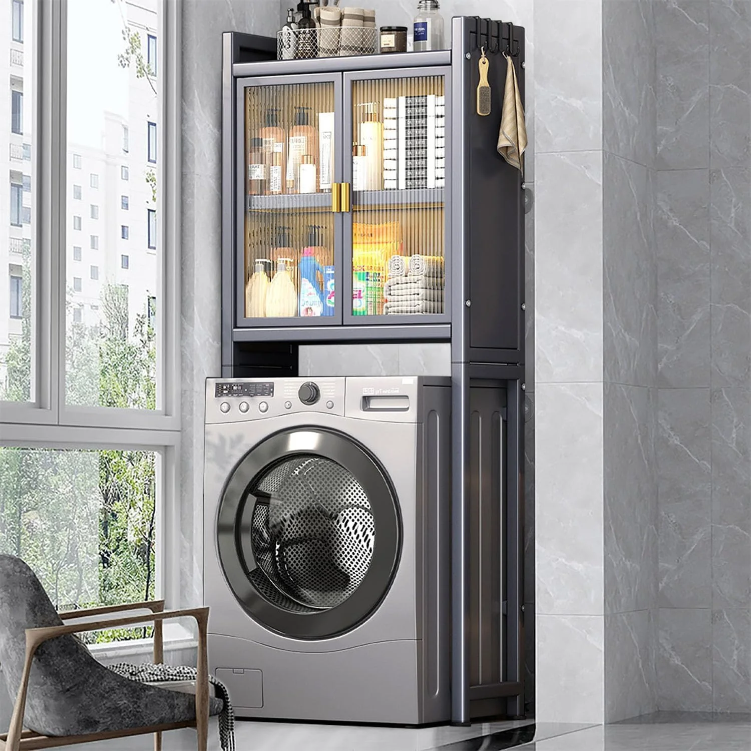 قفسه ذخیره سازی بالای ماشین لباسشویی Pseul، قفسه روی ماشین لباسشویی و خشک کن با قفسه قابل تنظیم و درب های دوتایی، قفسه 2 طبقه حمام، سازمان دهنده قفسه حمام، صرفه جویی در فضا