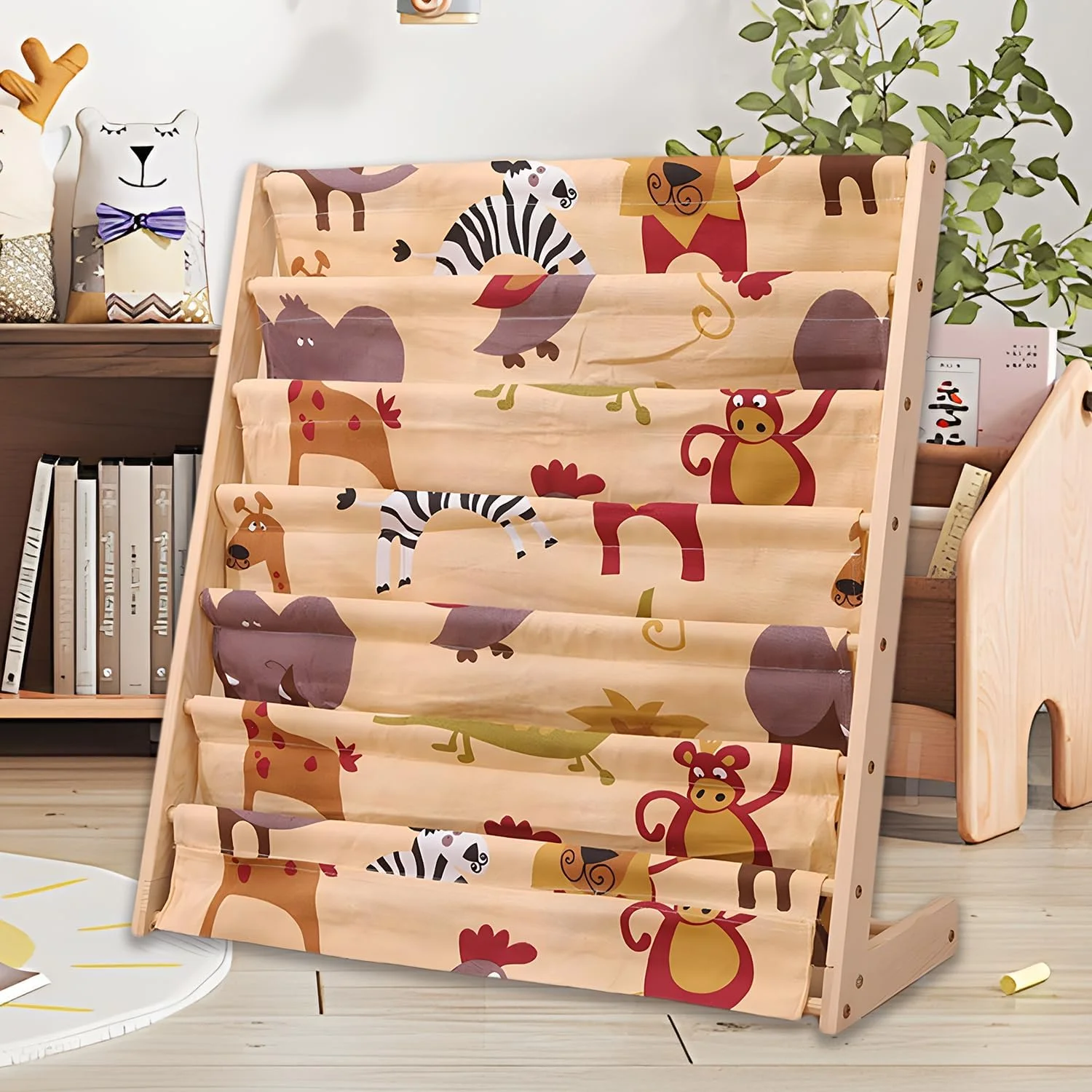 قفسه کتاب کودک Fohome، قفسه کتاب چوبی کودک 7 طبقه، قفسه کتاب آویز بژ طبیعی برای اتاق خواب، اتاق بازی، اتاق کودک، مهد کودک، اسباب بازی کلاس درس (کارتون لاگ)