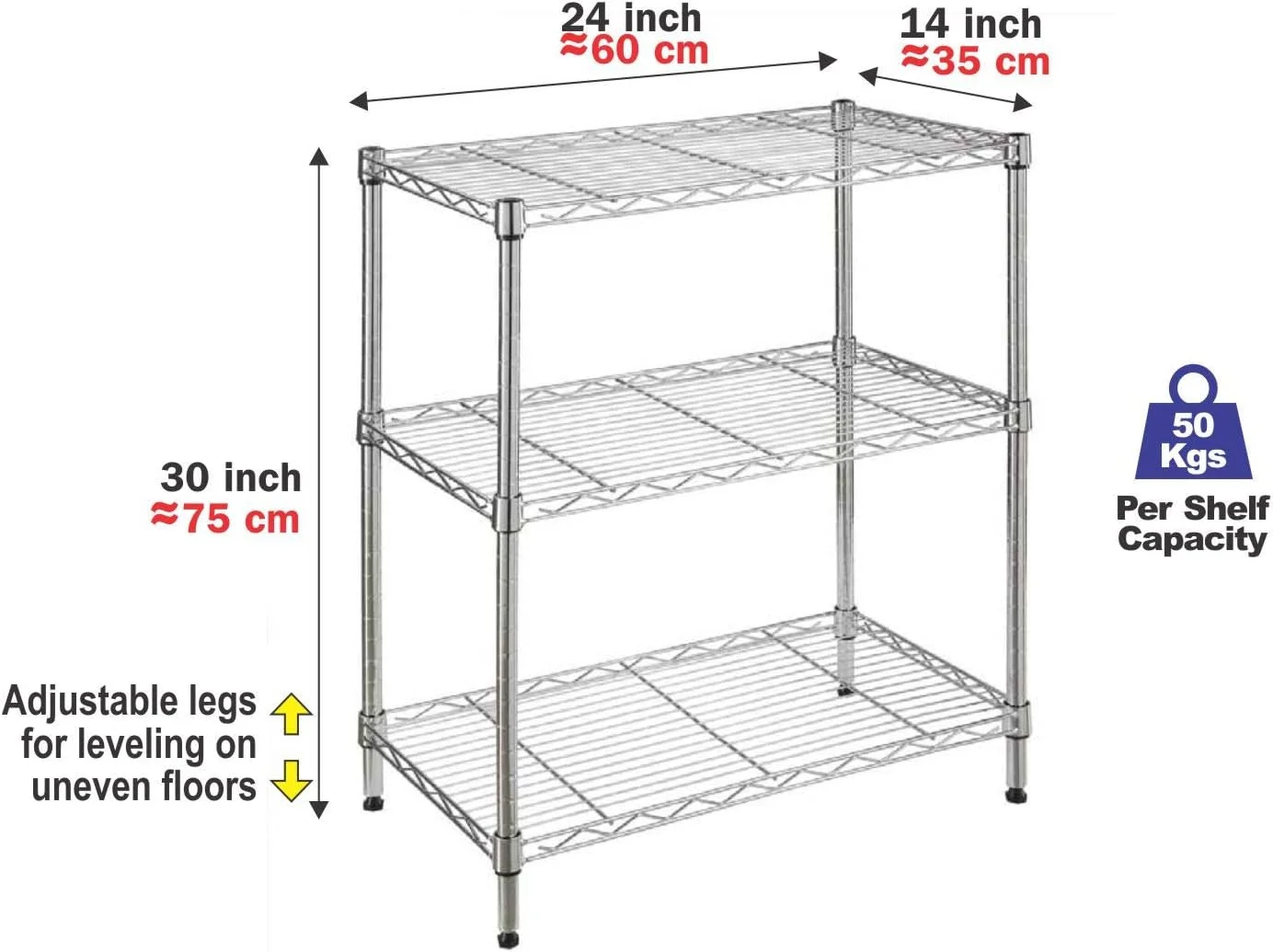 قفسه سیمی CamelTough، قفسه ذخیره سازی قابل تنظیم 3 طبقه، واحد قفسه بندی سنگین برای انبار، رختشویخانه، حمام، آشپزخانه، سازماندهی گاراژ، ظرفیت 330 پوند، کروم، 35 طول X 60 عرض X 75 ارتفاع سانتی متر، HTC-WR602