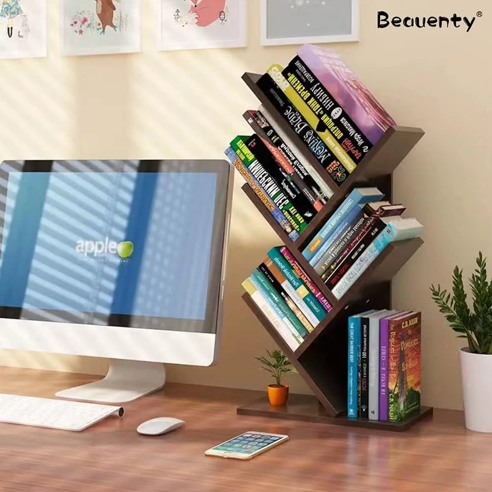 قفسه کتاب درختی رومیزی Beauenty، قفسه نمایشگر 5 طبقه، قفسه کتاب چوبی برای خانه/مدرسه/کتاب/مجله/دفتر/میز مطالعه/اتاق خواب (قهوه ای)