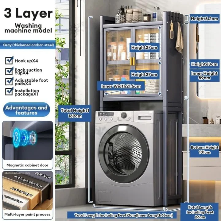 قفسه ذخیره سازی بالای ماشین لباسشویی Pseul، قفسه روی ماشین لباسشویی و خشک کن با قفسه قابل تنظیم و درب های دوتایی، قفسه 2 طبقه حمام، سازمان دهنده قفسه حمام، صرفه جویی در فضا