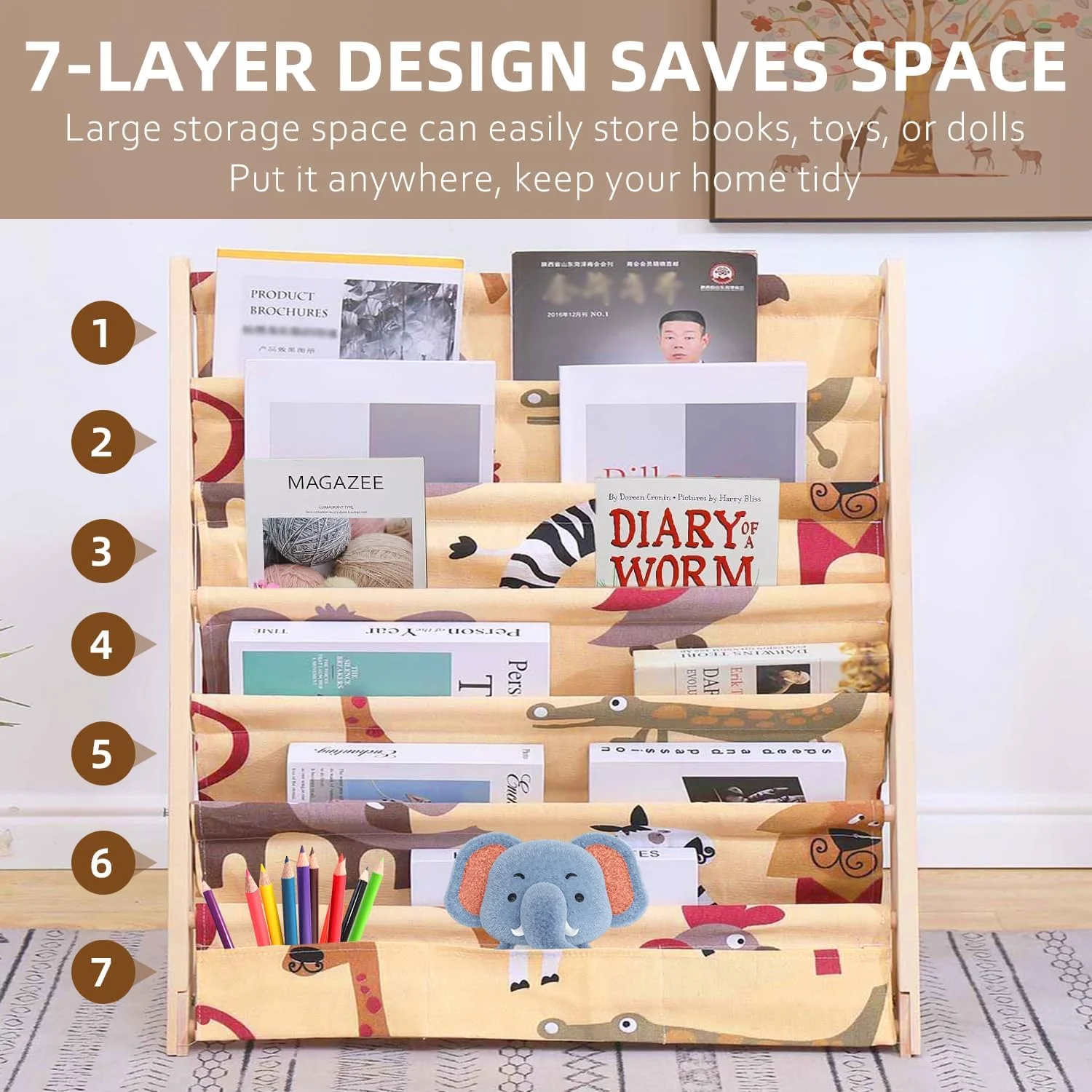 قفسه کتاب کودک Fohome، قفسه کتاب چوبی کودک 7 طبقه، قفسه کتاب آویز بژ طبیعی برای اتاق خواب، اتاق بازی، اتاق کودک، مهد کودک، اسباب بازی کلاس درس (کارتون لاگ)