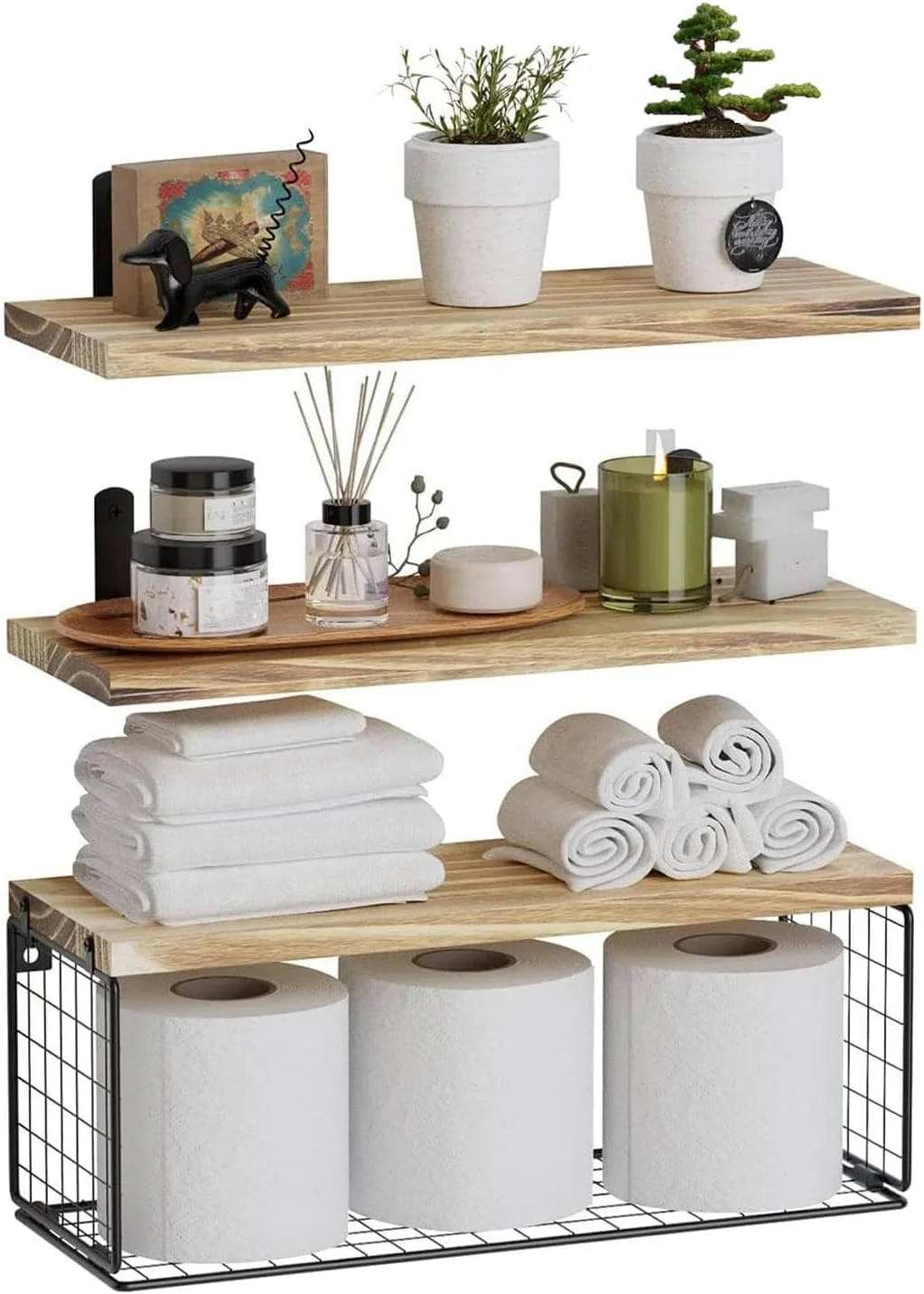 قفسه های حمام MostNow بالای توالت با سبد ذخیره سازی، قفسه های دیواری شناور حمام برای سازماندهی خانه و دکوراسیون دیوار، قفسه های حمام/آشپزخانه/اتاق نشیمن، چوب طبیعی (چوب طبیعی)