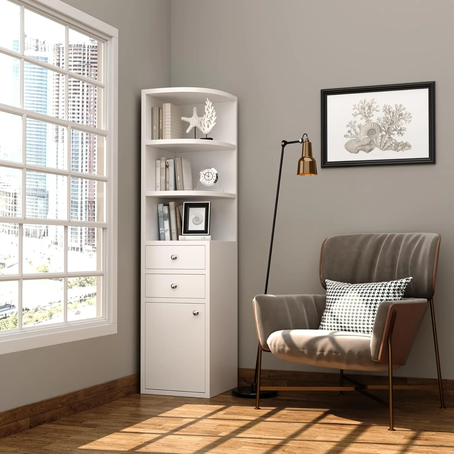 کابینت گوشه ای چوبی RIGID، کابینت انباری ایستاده با 2 کشو و 3 قفسه | قفسه کتاب | مبلمان اداری خانگی