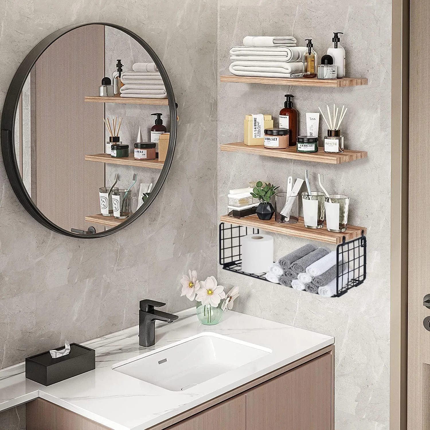 قفسه های حمام MostNow بالای توالت با سبد ذخیره سازی، قفسه های دیواری شناور حمام برای سازماندهی خانه و دکوراسیون دیوار، قفسه های حمام/آشپزخانه/اتاق نشیمن، چوب طبیعی (چوب طبیعی)