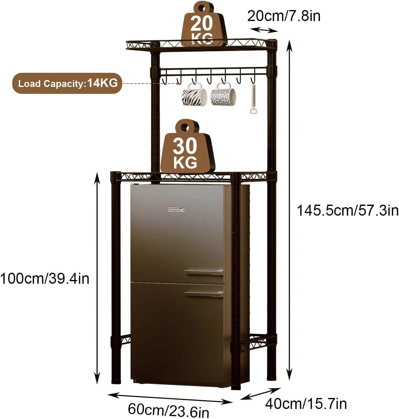 قفسه ذخیره سازی مایکروویو Solerconm دو طبقه، استند مایکروویو، قفسه فلزی قابل تنظیم با 7 قلاب، قفسه نانوایی چند منظوره میز بار قهوه برای آشپزخانه، دفتر، خوابگاه، اتاق خواب