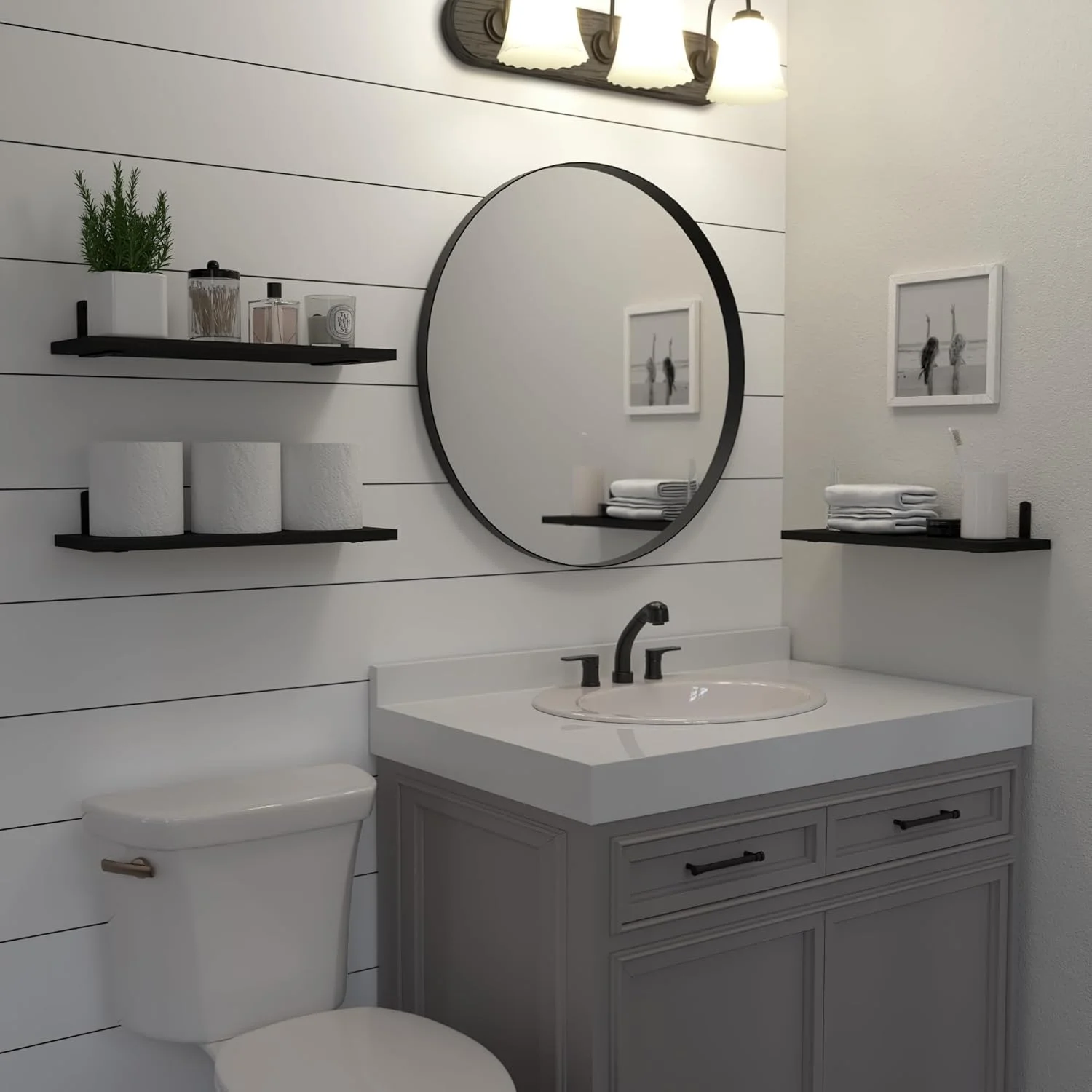 THE WHITE SHOP ست 3 تایی شلف های شناور چوبی، شلف های دیواری، برای حمام، اتاق خواب، نگهداری در اتاق نشیمن (رنگ: مشکی)