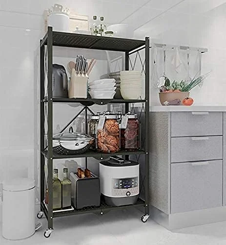 قفسه 4 طبقه تاشو با چرخ، قفسه های فلزی تاشو چند منظوره برای گاراژ، آشپزخانه، انبار، کمد لباس، رختشویخانه، مشکی 70x34x127 سانتی متر