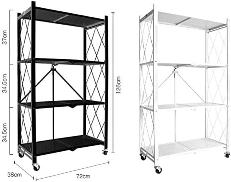 قفسه 4 طبقه تاشو با چرخ، قفسه های فلزی تاشو چند منظوره برای گاراژ، آشپزخانه، انبار، کمد لباس، رختشویخانه، مشکی 70x34x127 سانتی متر