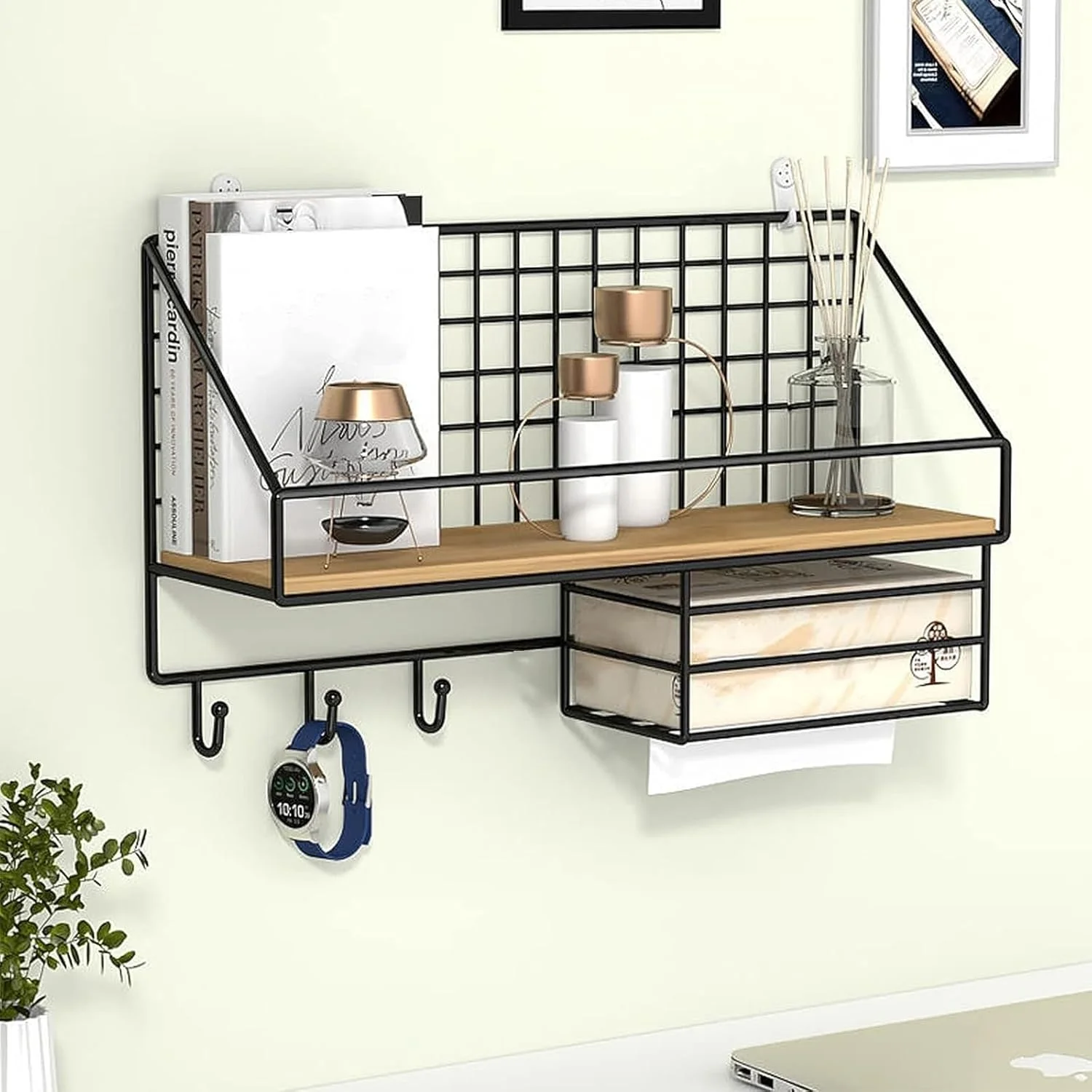 قفسه شناور دیواری LYLYMYKHH، قفسه های فلزی و چوبی، قفسه های نمایشگر محکم، دکوراسیون منزل برای اتاق نشیمن، اتاق خواب، حمام، قفسه فلزی برای کاغذ، کتاب، حوله، کلید (مشکی)