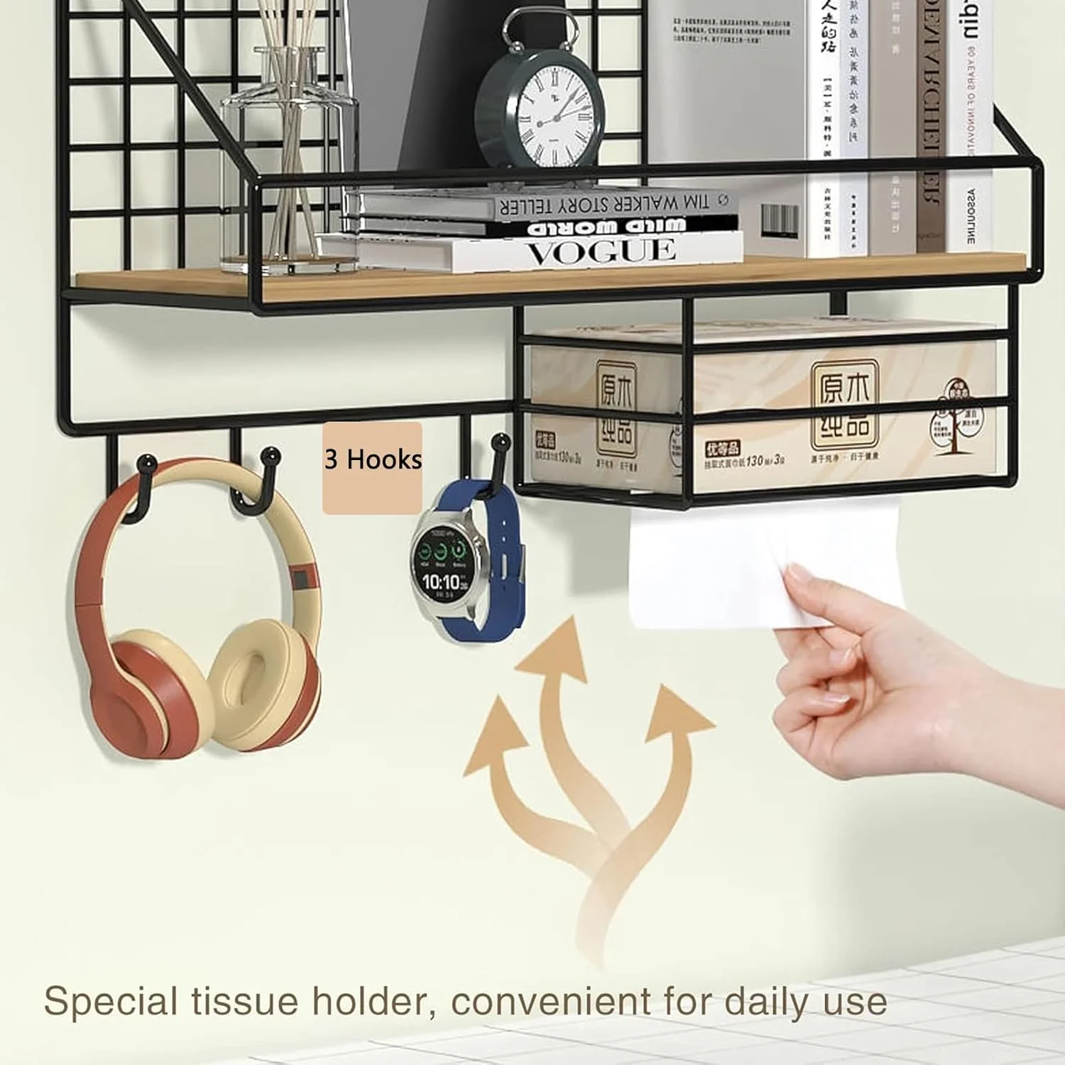 قفسه شناور دیواری LYLYMYKHH، قفسه های فلزی و چوبی، قفسه های نمایشگر محکم، دکوراسیون منزل برای اتاق نشیمن، اتاق خواب، حمام، قفسه فلزی برای کاغذ، کتاب، حوله، کلید (مشکی)