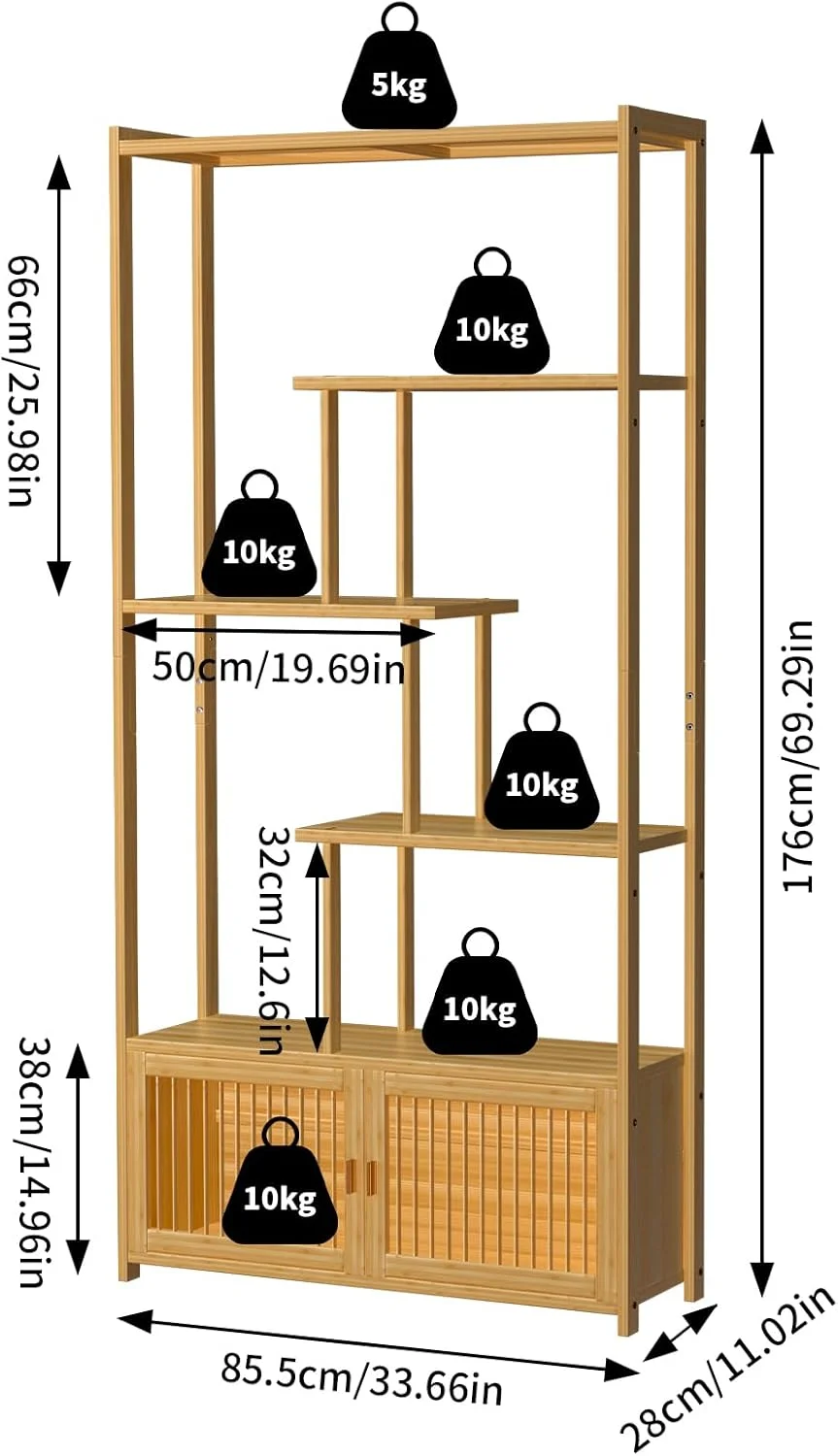 کتابخانه 6 طبقه بامبو Medla با کابینت: قفسه ذخیره سازی بامبو با کابینت ذخیره سازی، قفسه کتاب ایستاده 178 سانتی متری برای اتاق نشیمن، اتاق خواب، مطالعه، آشپزخانه
