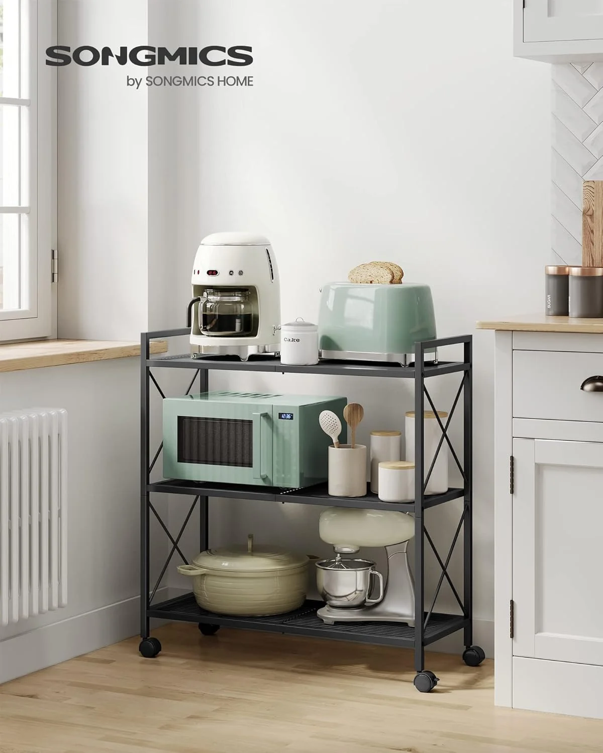 قفسه فلزی 3 طبقه SONGMICS، قفسه توری با قاب های جانبی X، عرض 31.5 اینچ، برای ورودی، آشپزخانه، اتاق نشیمن، حمام، قفسه های ذخیره سازی به سبک صنعتی، مشکی UBSC183B01