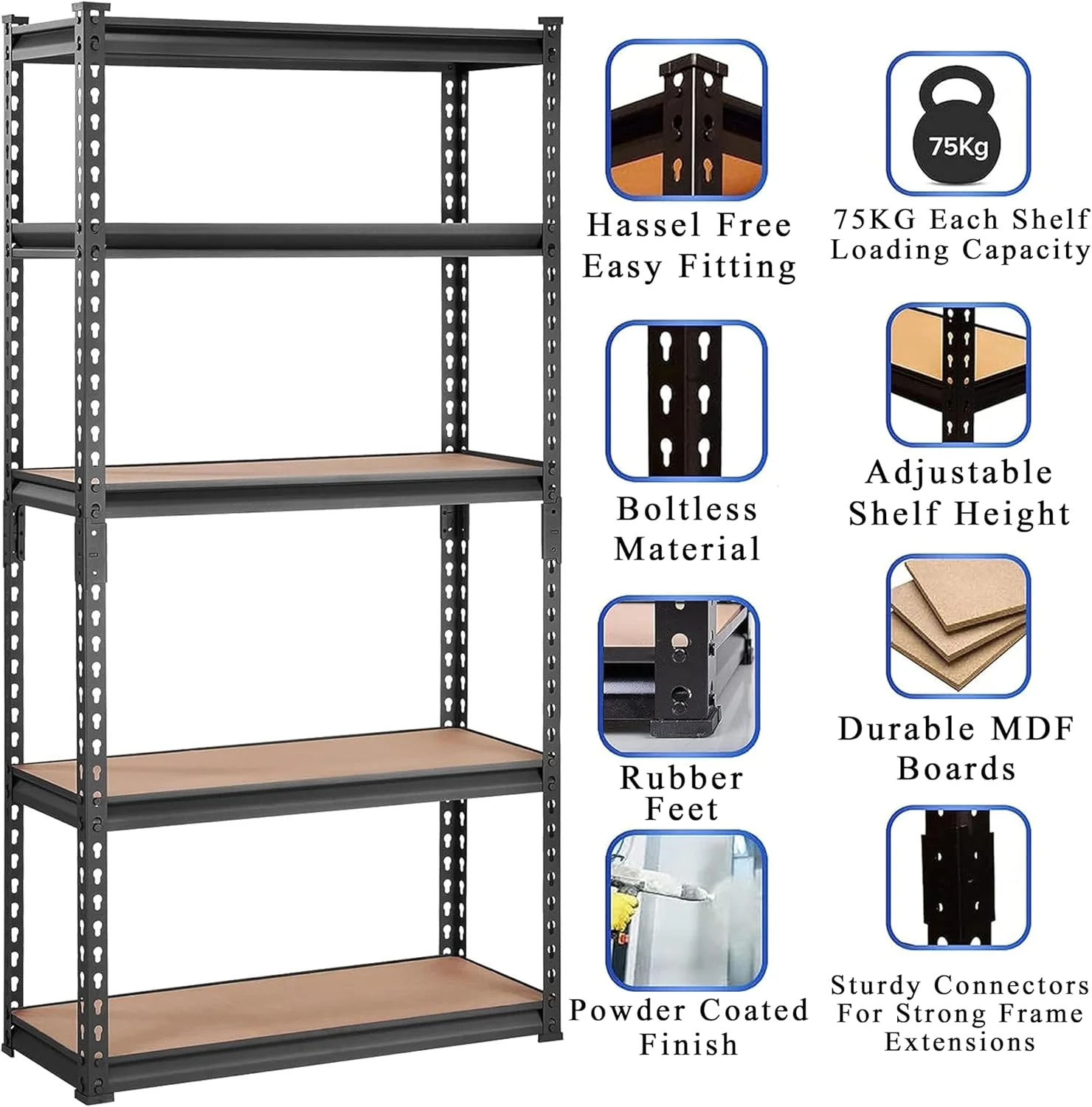 قفسه 5 طبقه قابل تنظیم توشیونیکس، واحد قفسه بندی فلزی، سازمان دهنده ذخیره سازی، قفسه نمایشگر کاربردی برای گاراژ، خانه، دفتر، آشپزخانه، ظروف، توالت، حمام، انبار (مشکی)