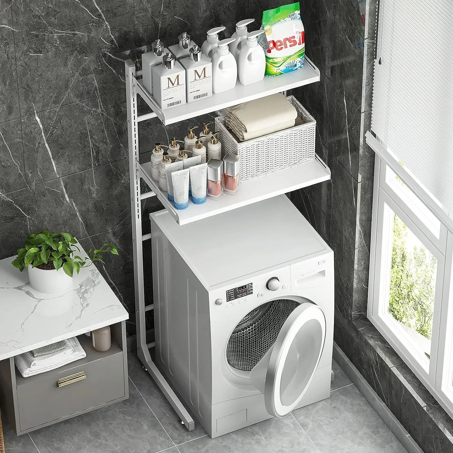 قفسه لباسشویی قابل تنظیم بالای توالت، قفسه ذخیره سازی ماشین لباسشویی بالای ماشین لباسشویی و خشک کن، سازمان دهنده حمام ایستاده 2-3 طبقه، واحدهای قفسه بندی صرفه جویی در فضا، عاجی
