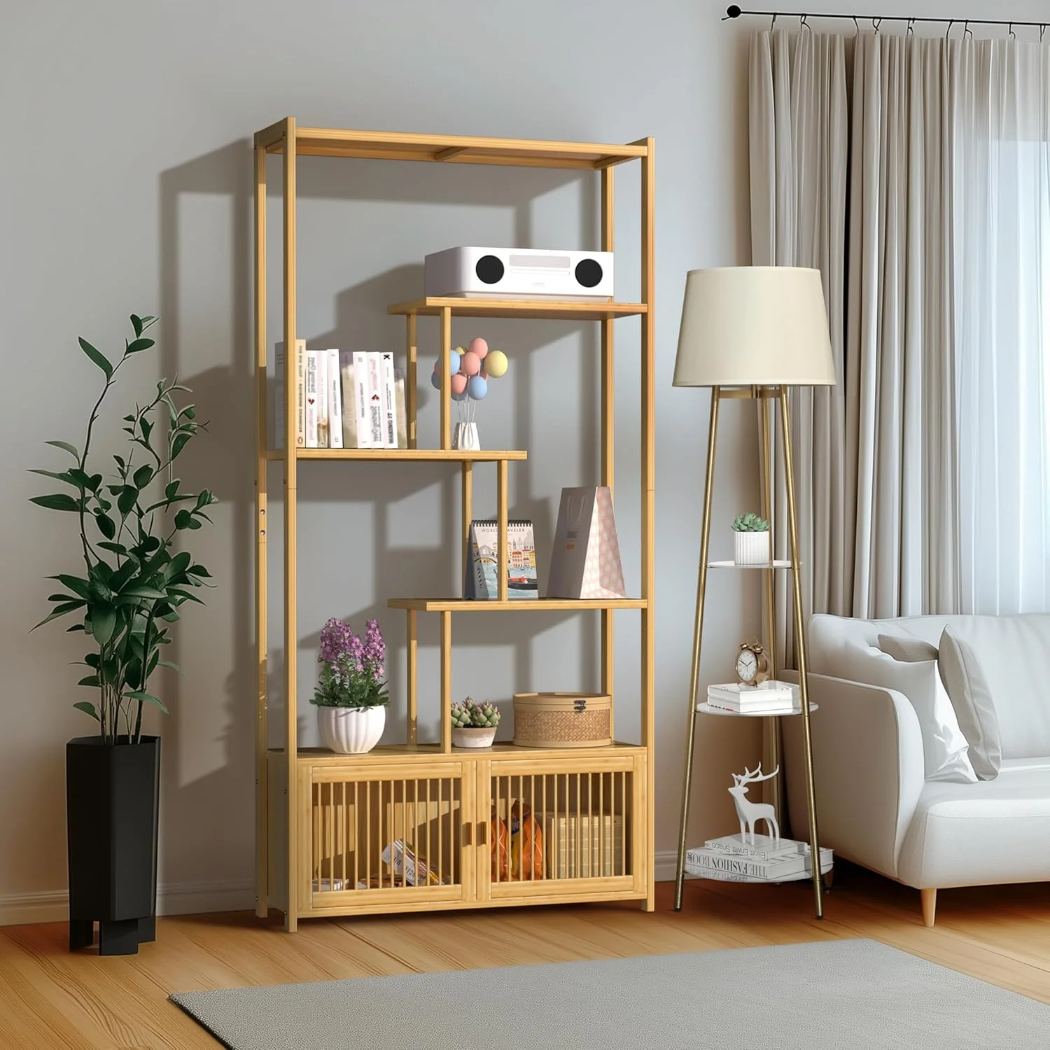 کتابخانه 6 طبقه بامبو Medla با کابینت: قفسه ذخیره سازی بامبو با کابینت ذخیره سازی، قفسه کتاب ایستاده 178 سانتی متری برای اتاق نشیمن، اتاق خواب، مطالعه، آشپزخانه